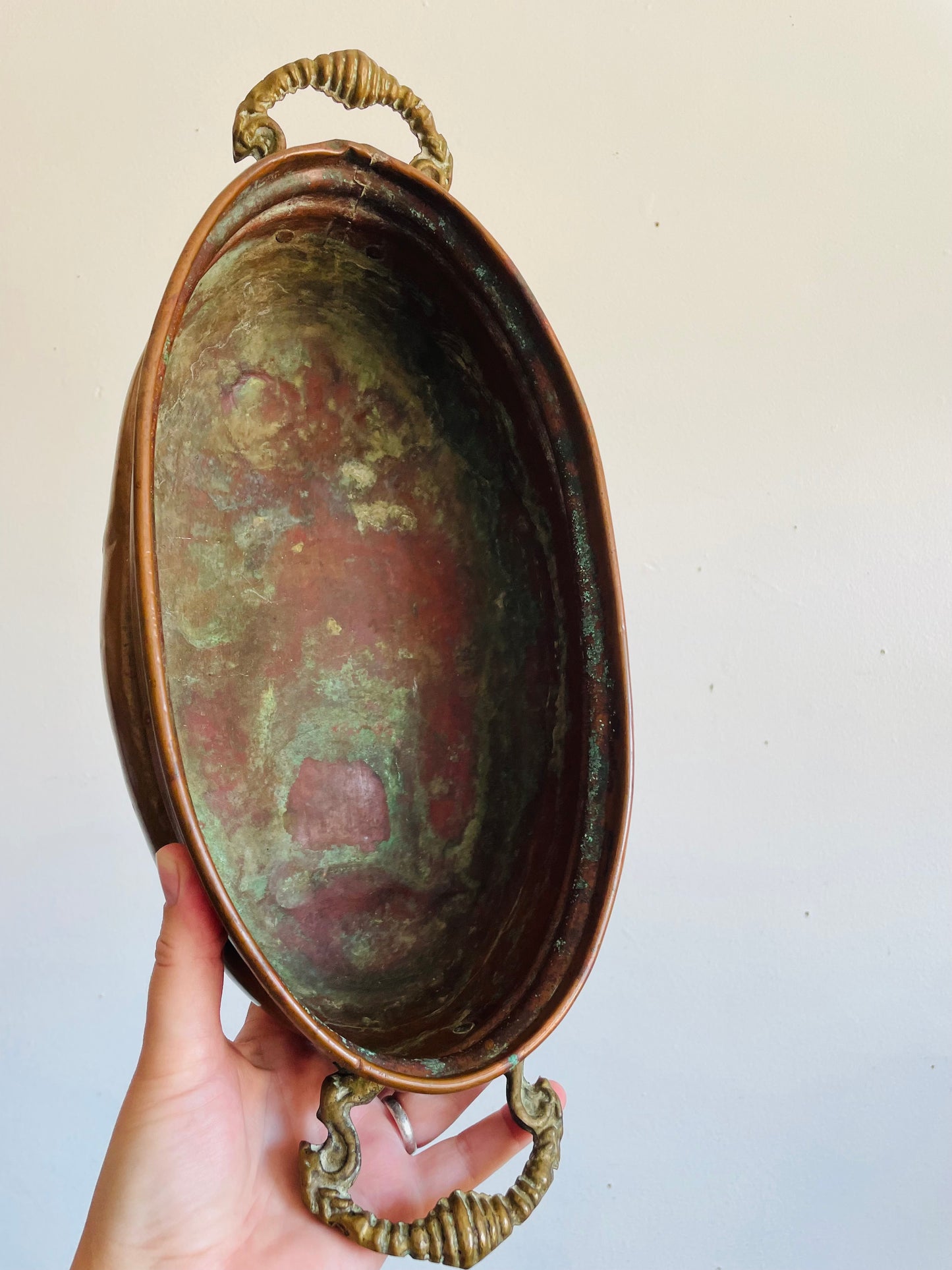 Antique Copper Jardiniere Planter Trough Pot Tub with Brass Lion Handles & Claw Feet