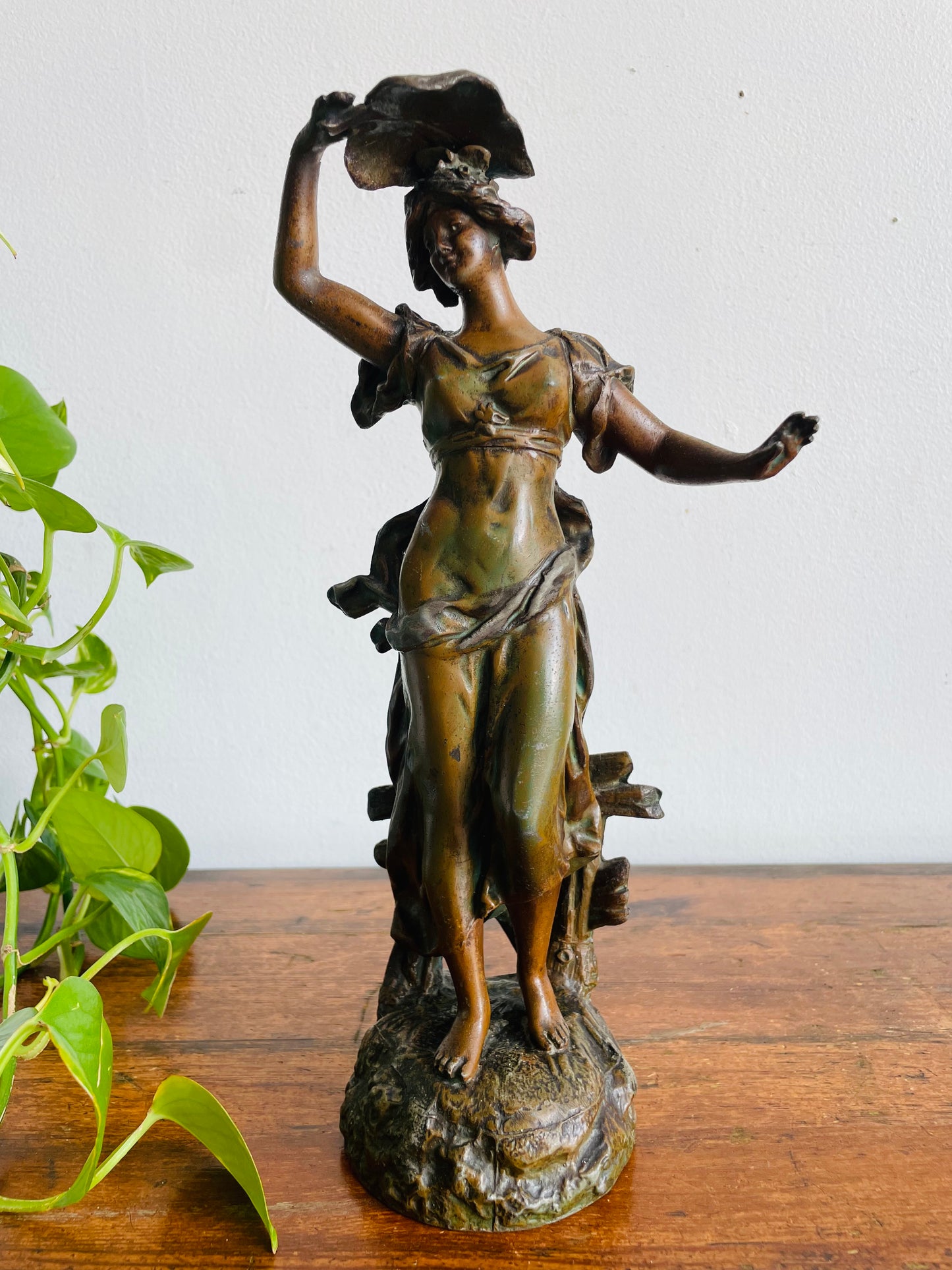 Vintage Art Nouveau Spelter Zinc Sculpture Statue with Bronze Patina - Playful Woman in Dress Frolicking with Leaf - Auguste Moreau Style - Please Read Note