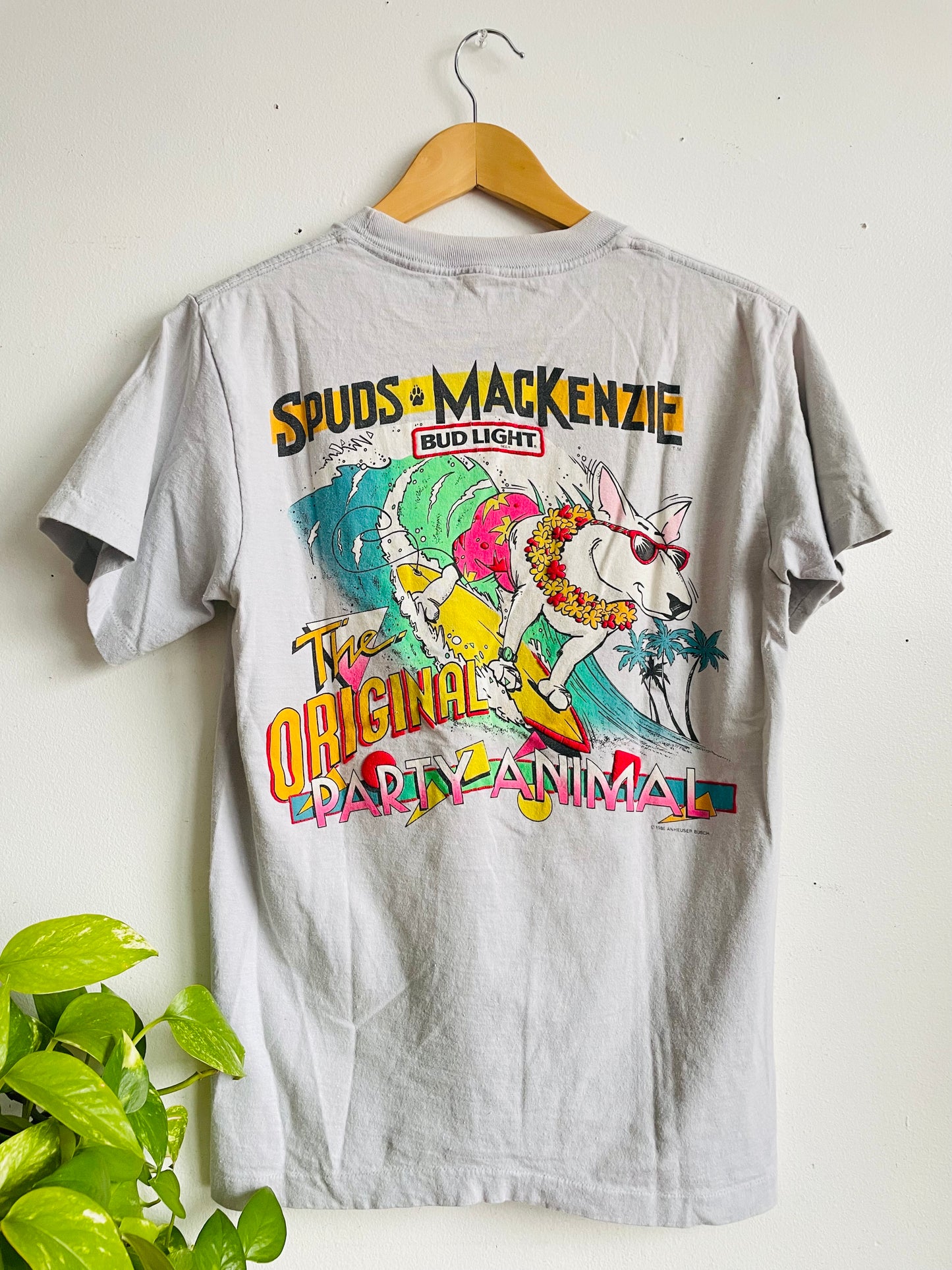 Vintage 1986 Spuds Mackenzie Bud Light Beer - The Original Party Animal T-Shirt - Tropical Surfing Bull Terrier Dog