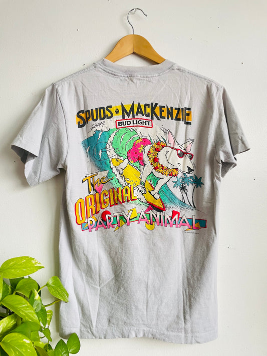Vintage 1986 Spuds Mackenzie Bud Light Beer - The Original Party Animal T-Shirt - Tropical Surfing Bull Terrier Dog