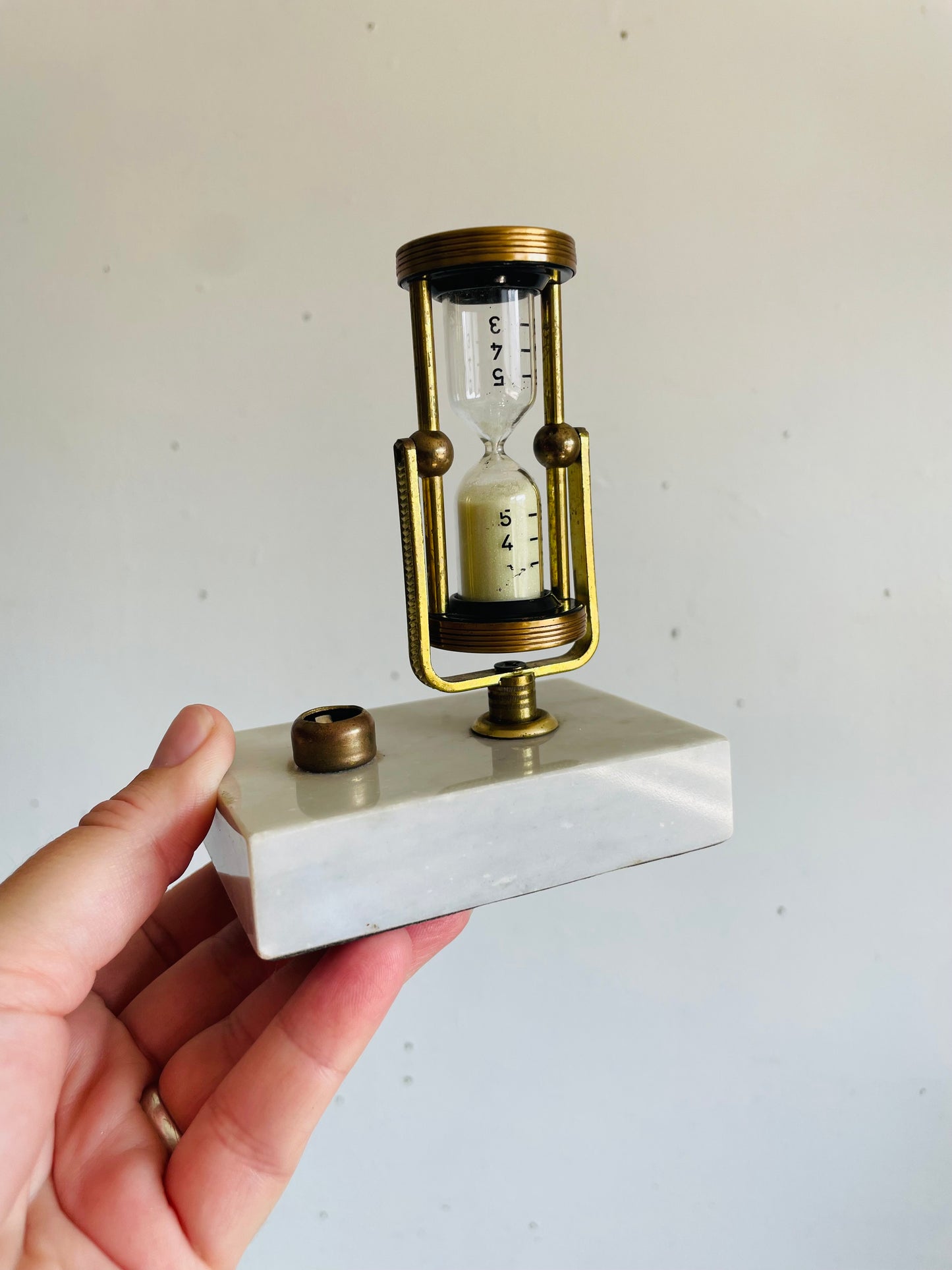Vintage Brass & Glass Rotating Swinging Hourglass with White Sand on Marble Stone Base - Stylish & Useful!