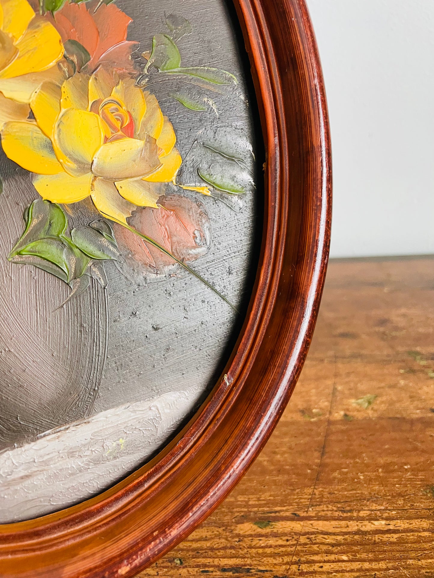 Vintage Original Art Painting of Yellow & Mustard Flowers in Vase in Oval Frame