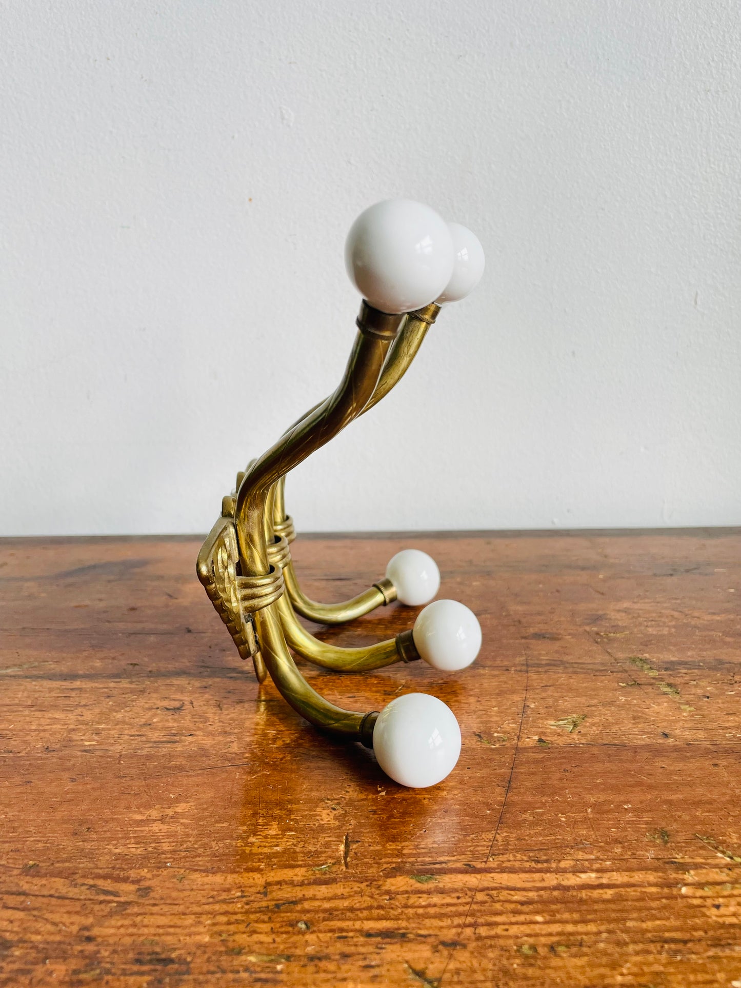 Vintage Brass & Ceramic Butterfly Wall Hook Hanger with 6 Hooks & Hanging Hardware - As Is