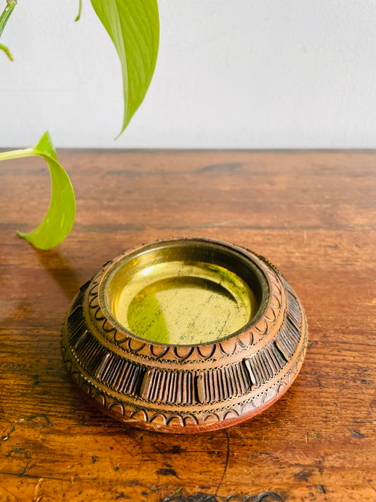 Carved Wood Trinket Bowl Dish with Inlay & Brass Insert