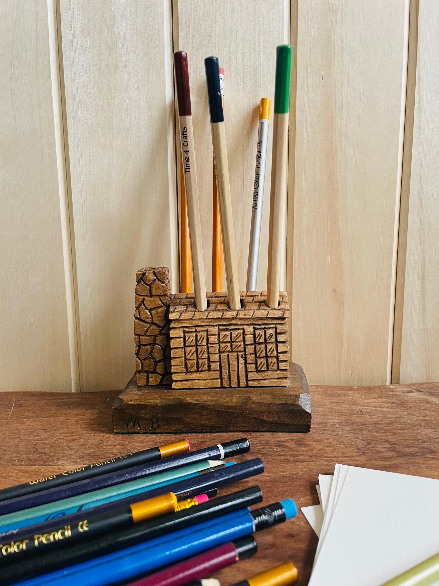 Handmade Carved Wood Log Cabin Pen or Pencil Holder