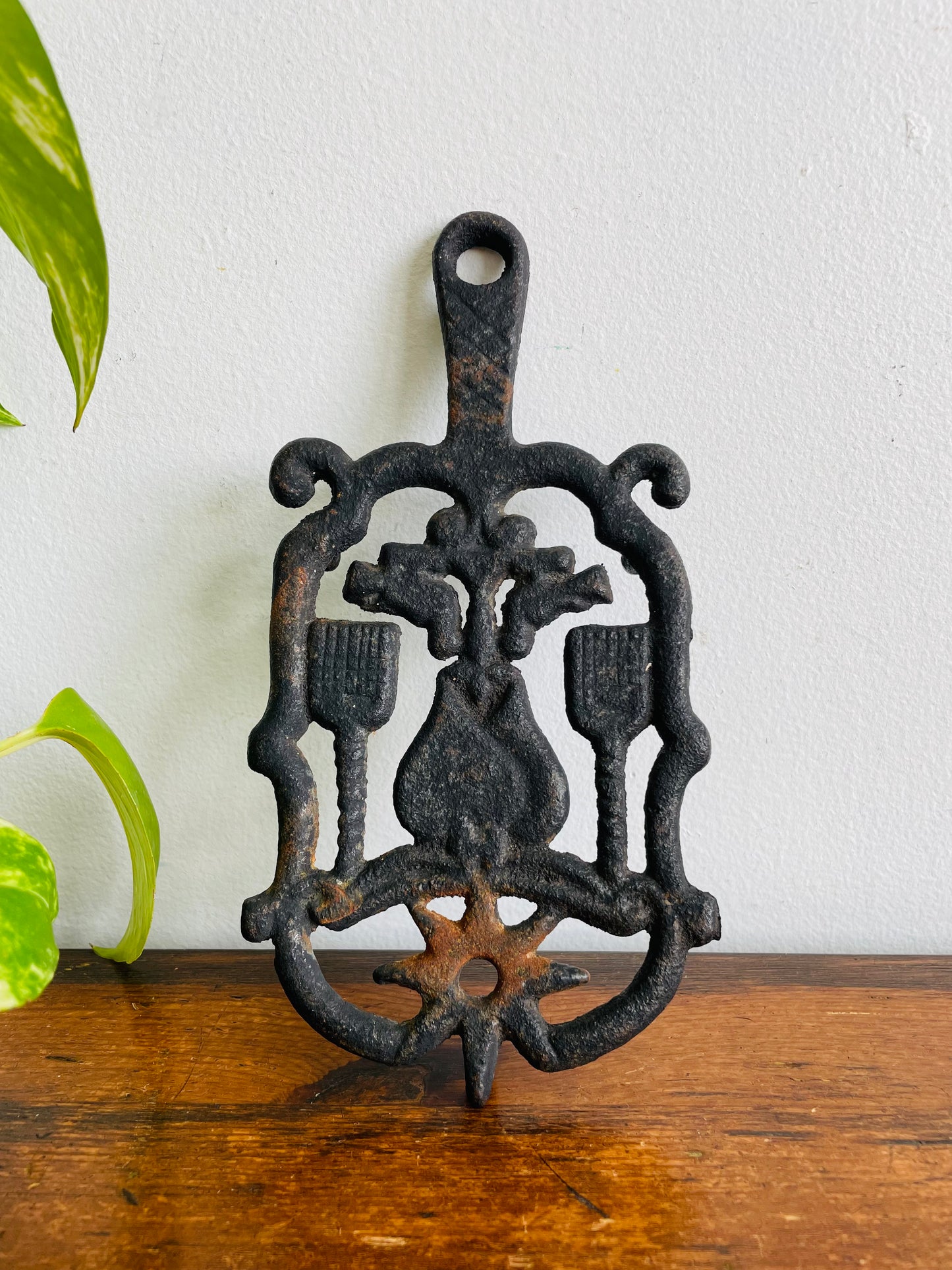 Cast Iron Footed Trivet with Hearts, Brooms, Birds & Star Design