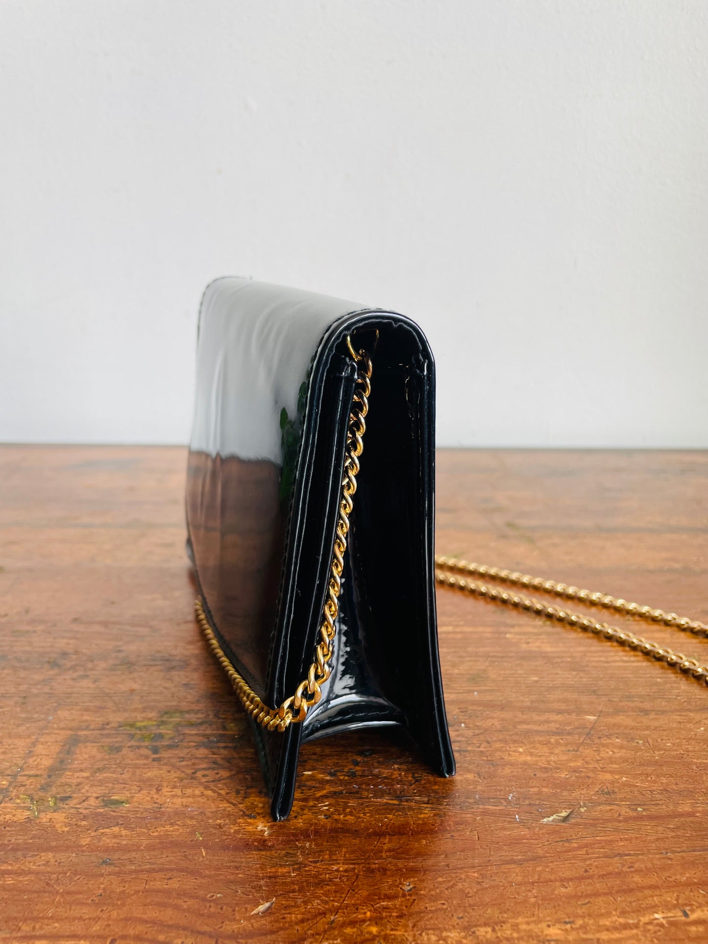 Vintage Little Black Patent Leather Crossbody Clutch Purse on Long Brass Gold Chain