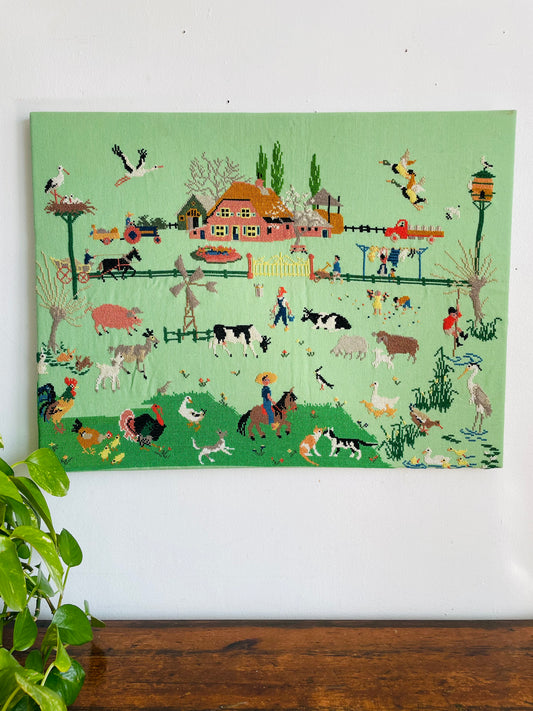 Vintage Absolutely Adorable Mies Bloch Dutch Farm Scene Needlepoint Embroidery Picture on Seafoam Green Background - 18" x 24"