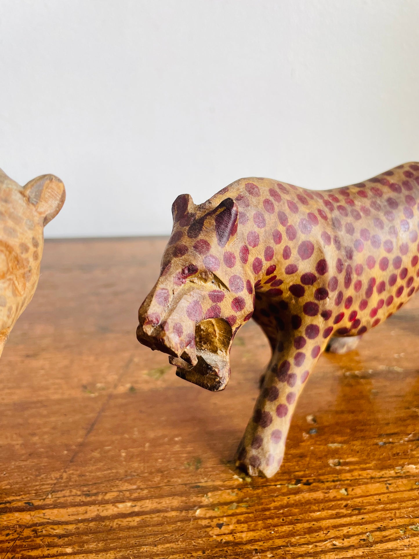 Vintage Hand Carved Wood Prowling Spotted Leopard Big Cats - Set of 2