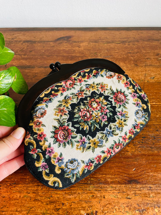Vintage Fashion Accessory by Danielle of Canada Floral Tapestry Fabric Clutch Purse with Clasp - Handmade in Japan