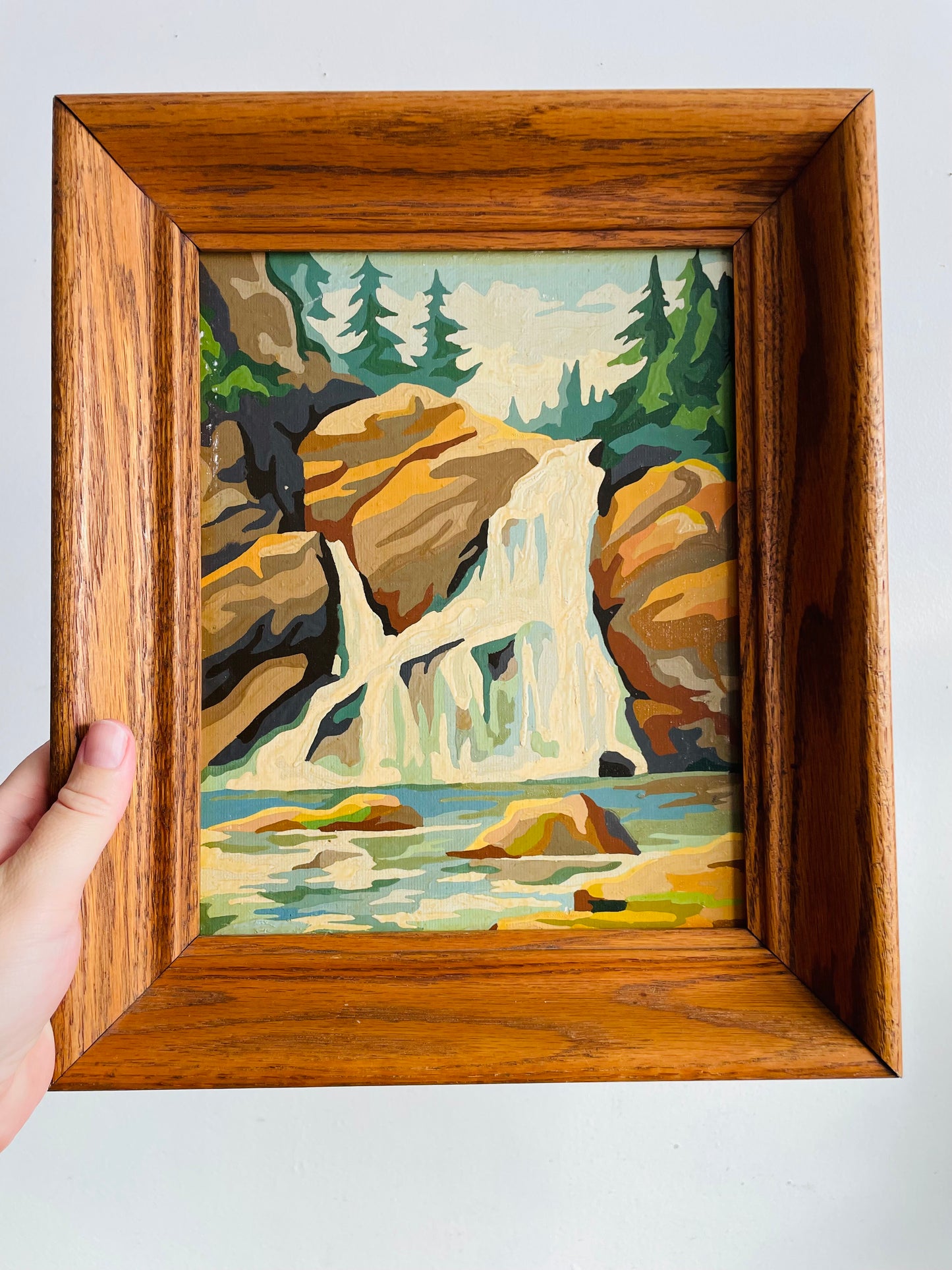 Vintage 1960s Paint by Number (PBN) Picture of Waterfall Forest Scene in Wood Frame