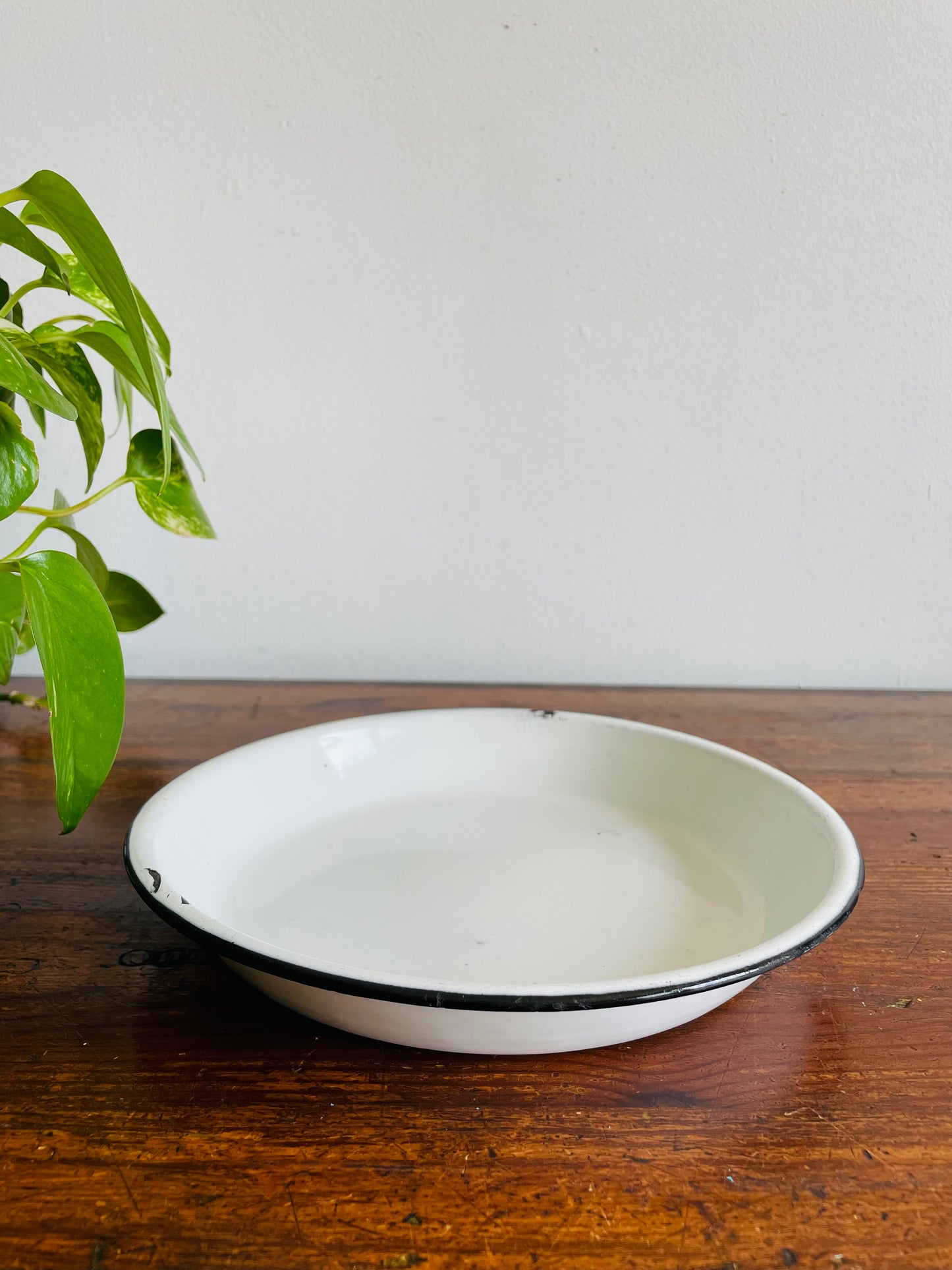 White Enamelware Pie Dish Plate with Black Rim