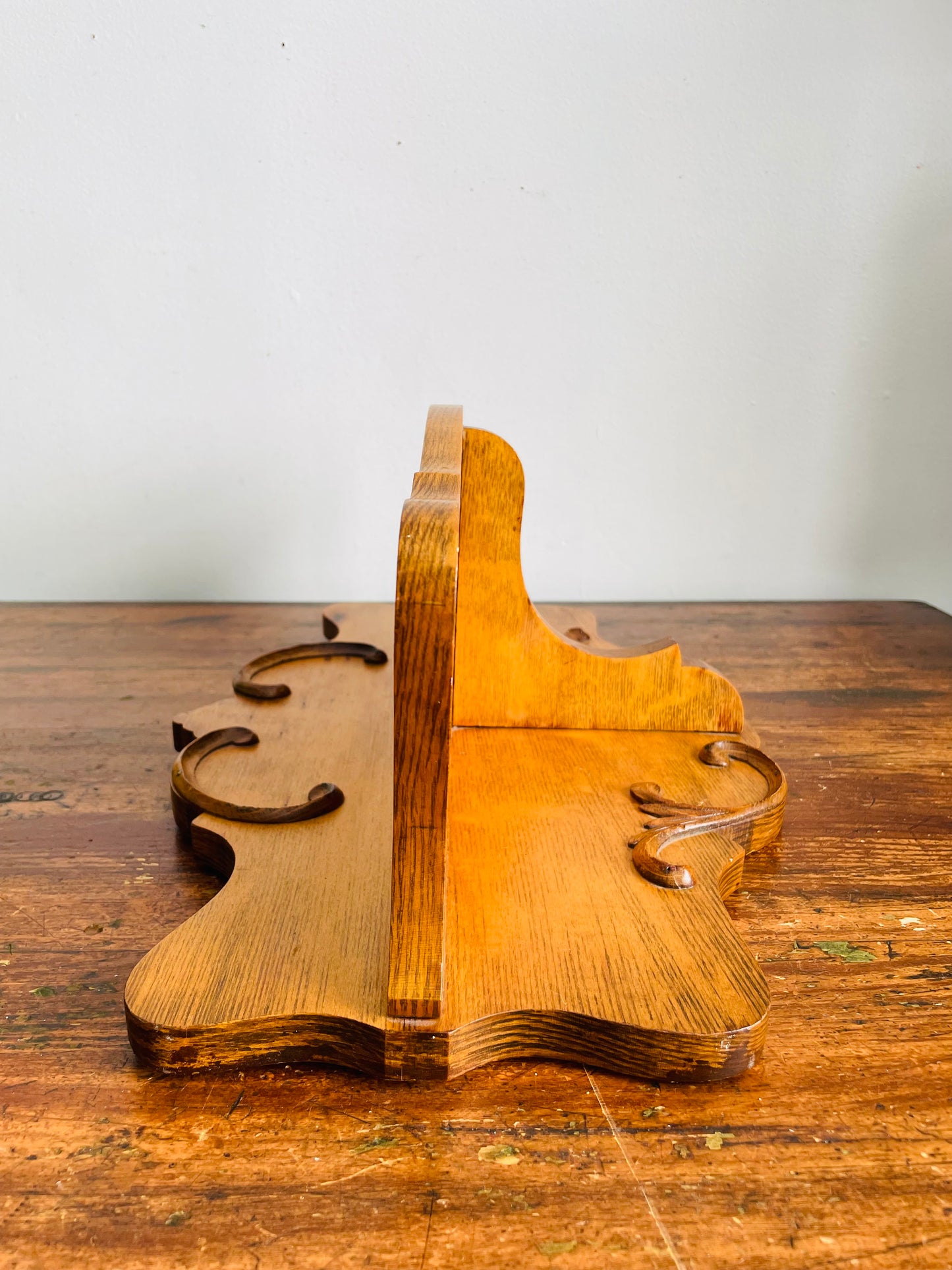 Vintage Solid Oak Wood Wall Hanging Shelf with Raised Scroll Design