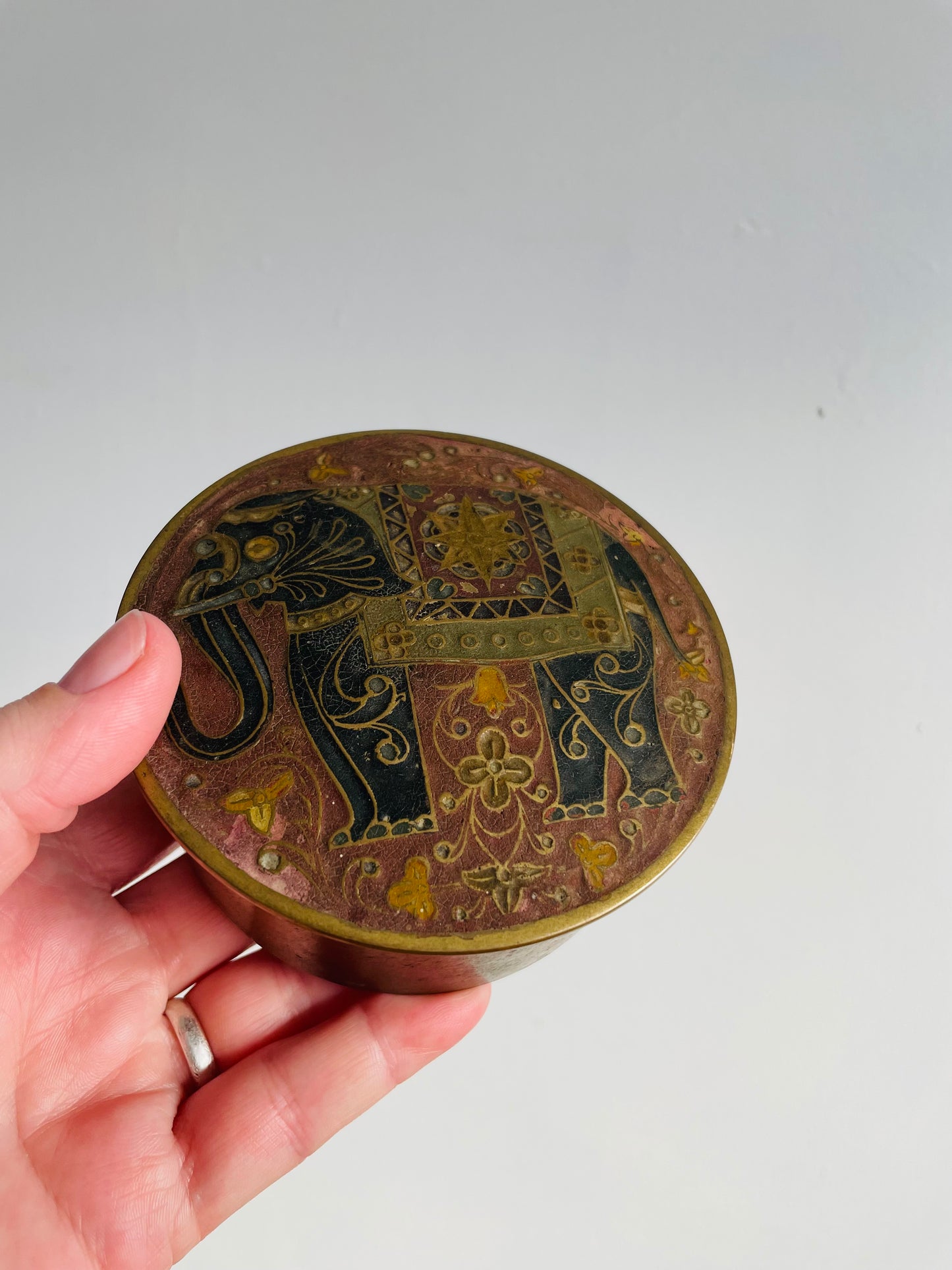 Enamelled Brass Round Trinket Box with Lid & Ornate Elephant Trunk Up Design