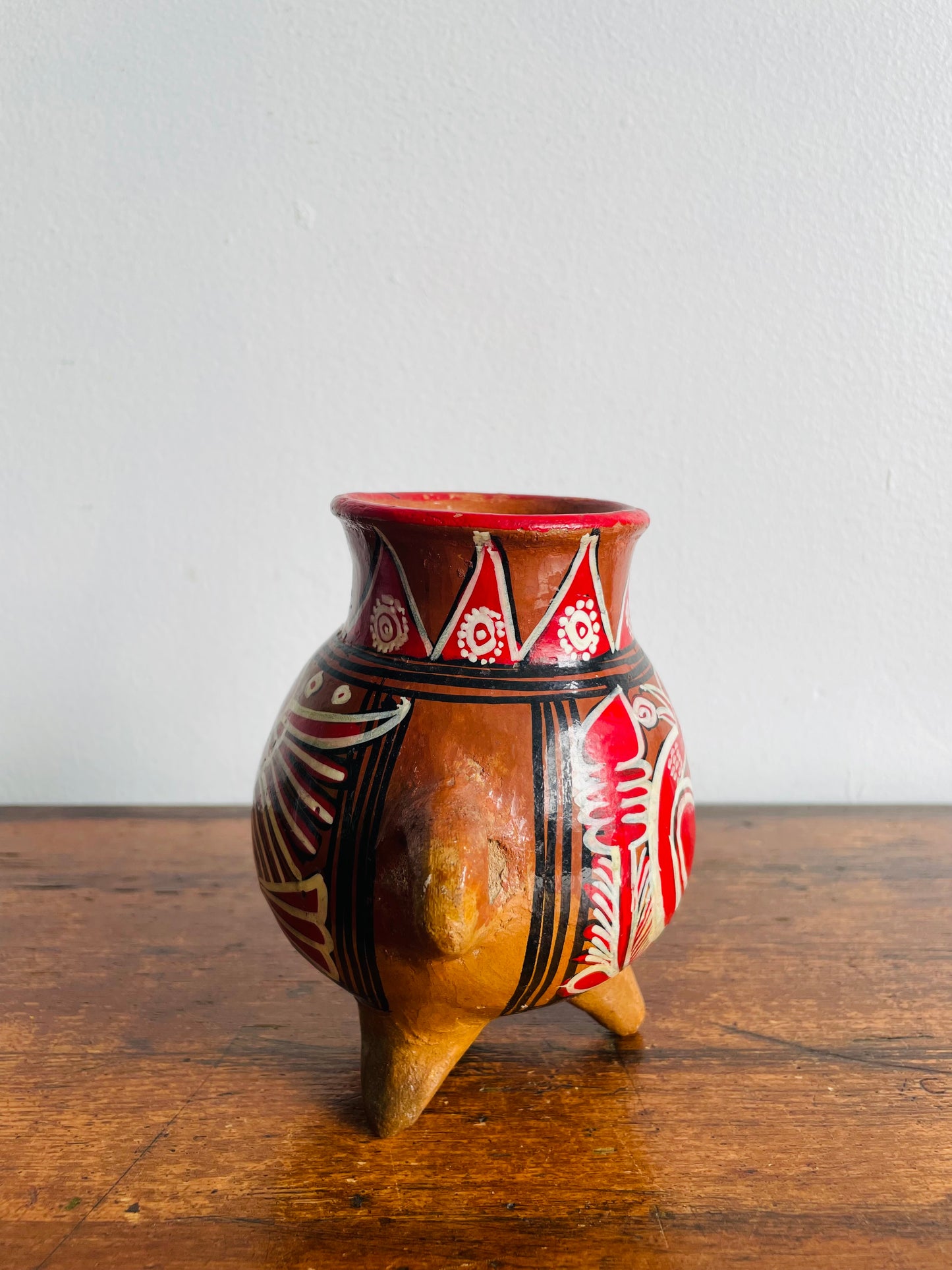 Mexican Folk Art Pottery Footed Vase Vessel with Handles & Bird Design