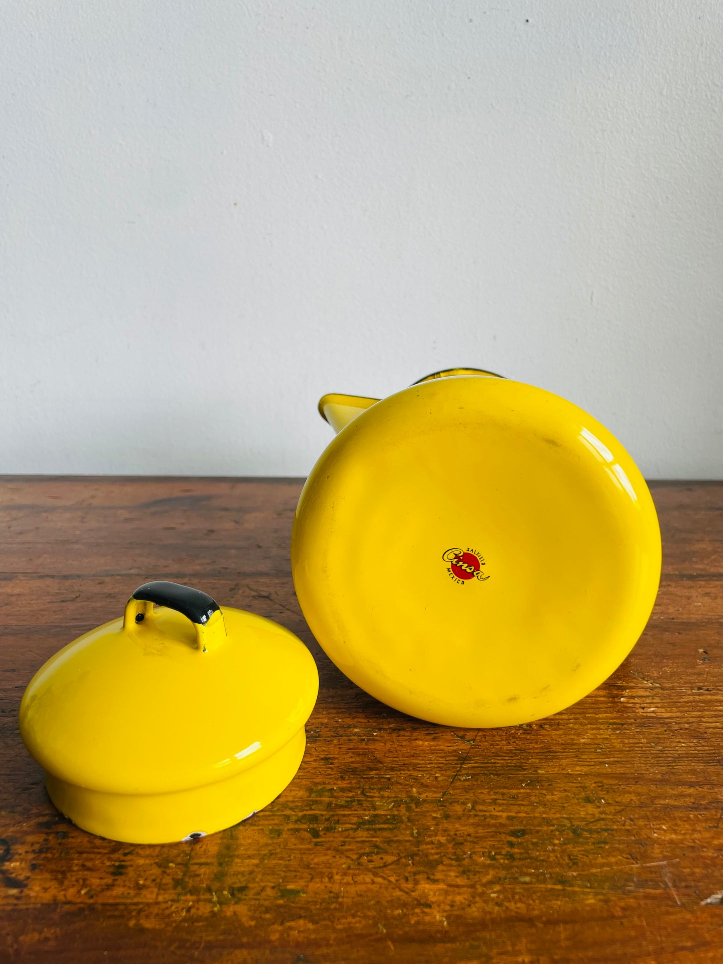 Vintage Bright Yellow Cinsa Enamel Coffee Pot Carafe Pitcher with Colourful Folk Art Bird & Flower Design - Made in Saltillo Mexico