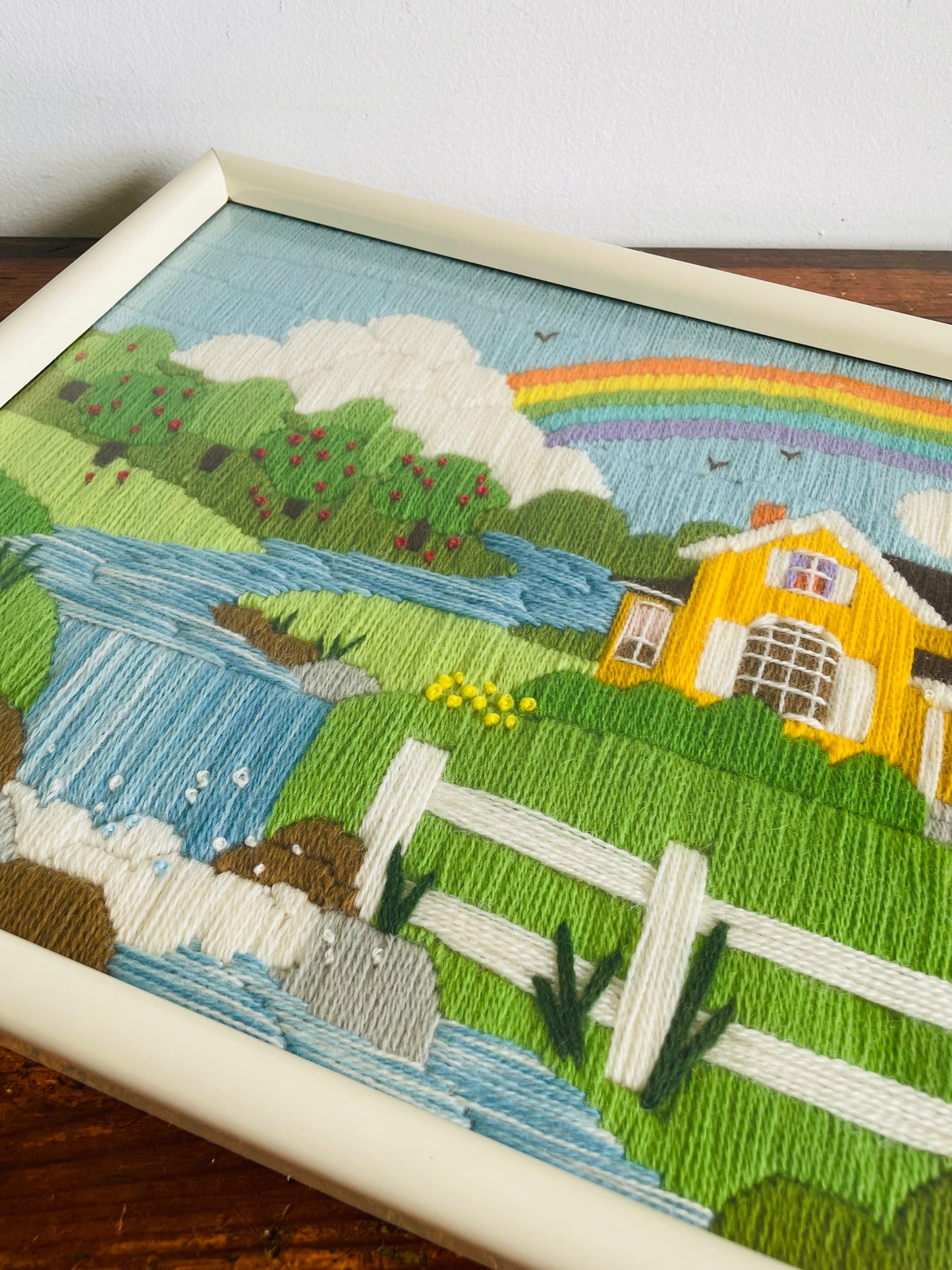 Vintage Absolutely Adorable Cheerful & Bright Crewel Embroidery Picture of Yellow House Under Rainbow - Signed on Back: To Adam Love Mommy & Daddy July 1986