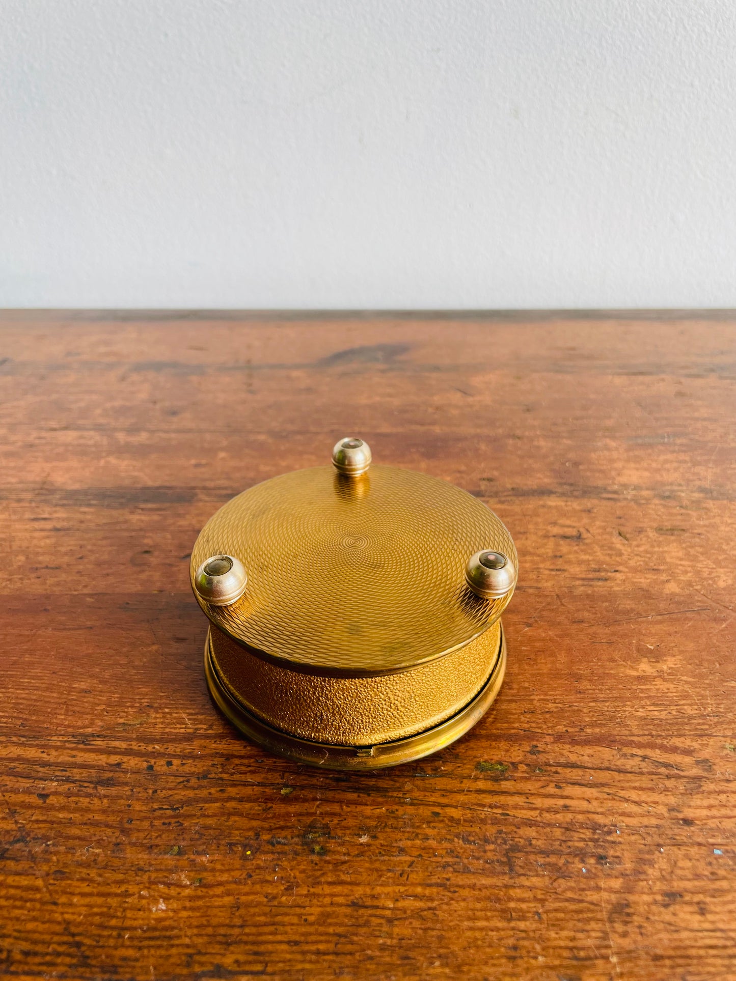 Footed Petit Point Embroidery Round Brass Trinket or Jewellery Box with Mirror Inside