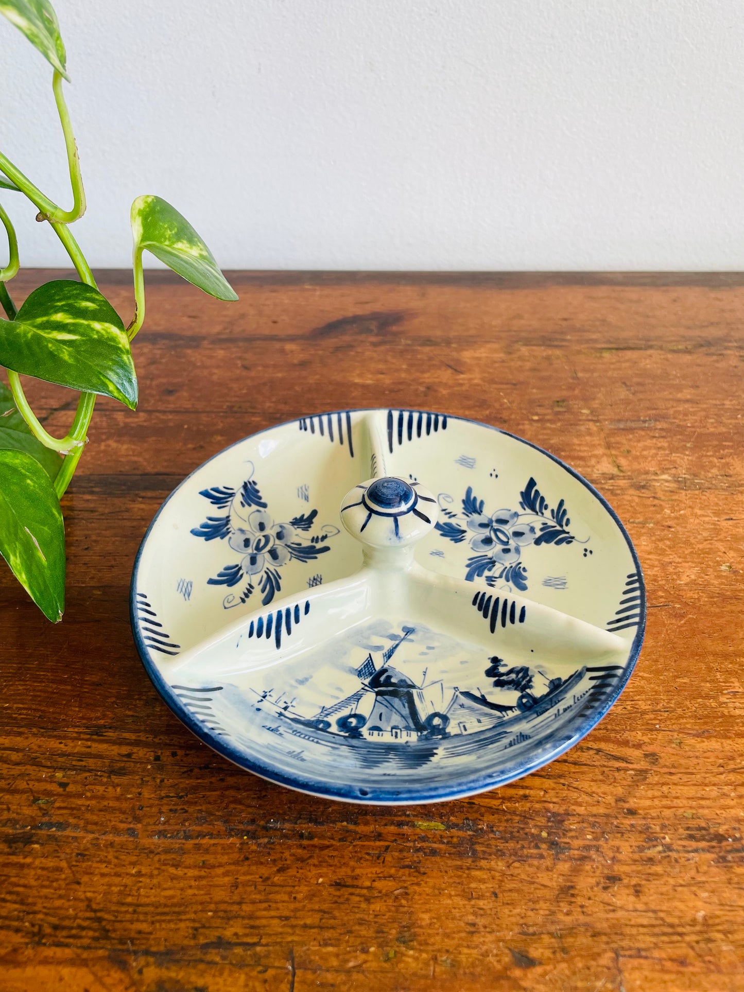 Vintage Delft Blue Hand Painted Divided Trinket Bowl Dish with Handle - Made in Holland