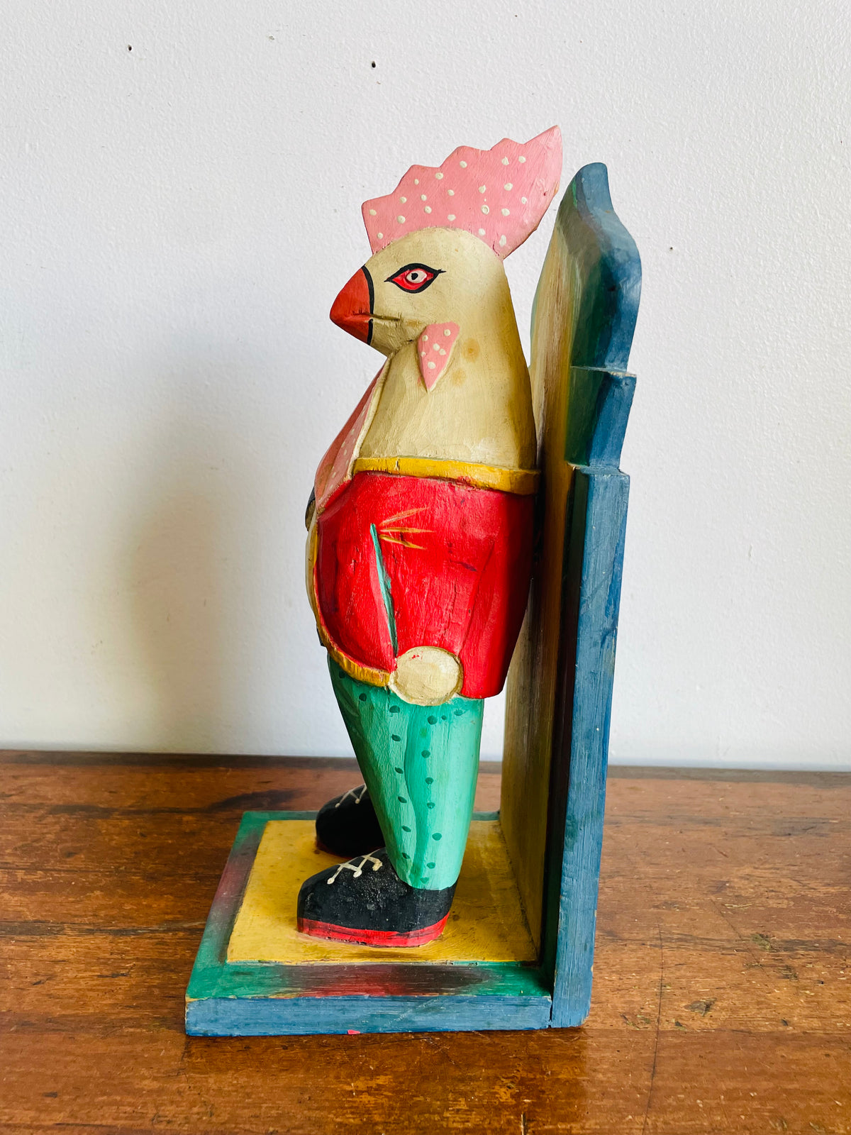 Vintage Bright & Fun Carved Wood Distinguished Gentleman Rooster in Fancy Clothing Giant Bookend or Statue - Whimsical Home Decor