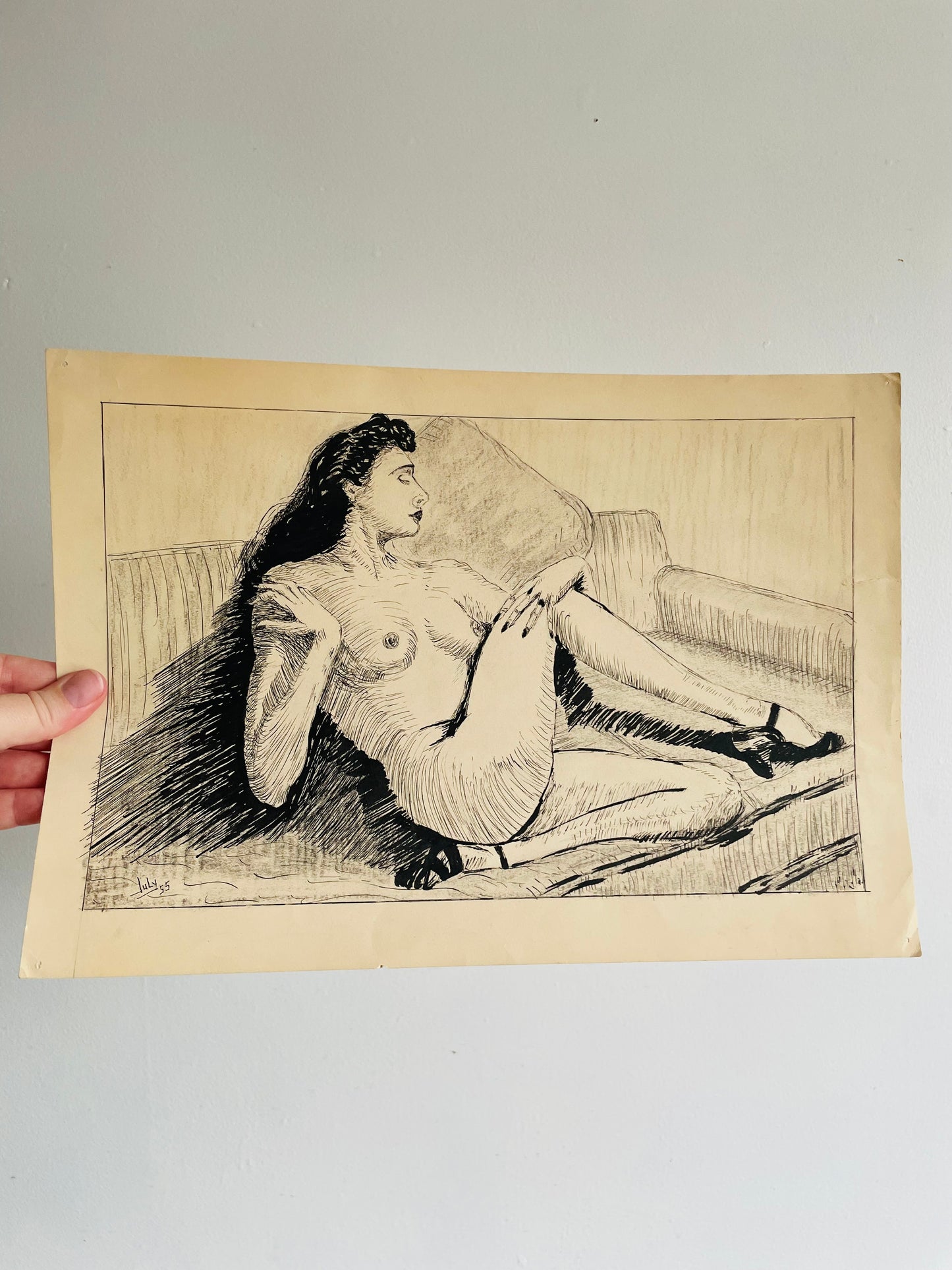 July 1955 Original Art Academic Nude Portrait Study Sketch on Paper of Nude Woman with High Heels