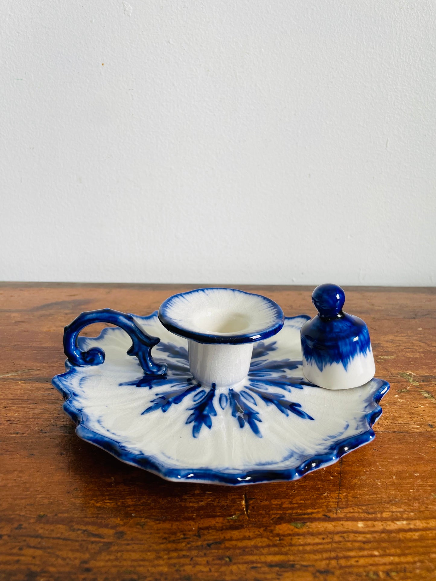 Vintage Staffordshire England Blue & White Ironstone Chamberstick Candle Holder with Snuffer