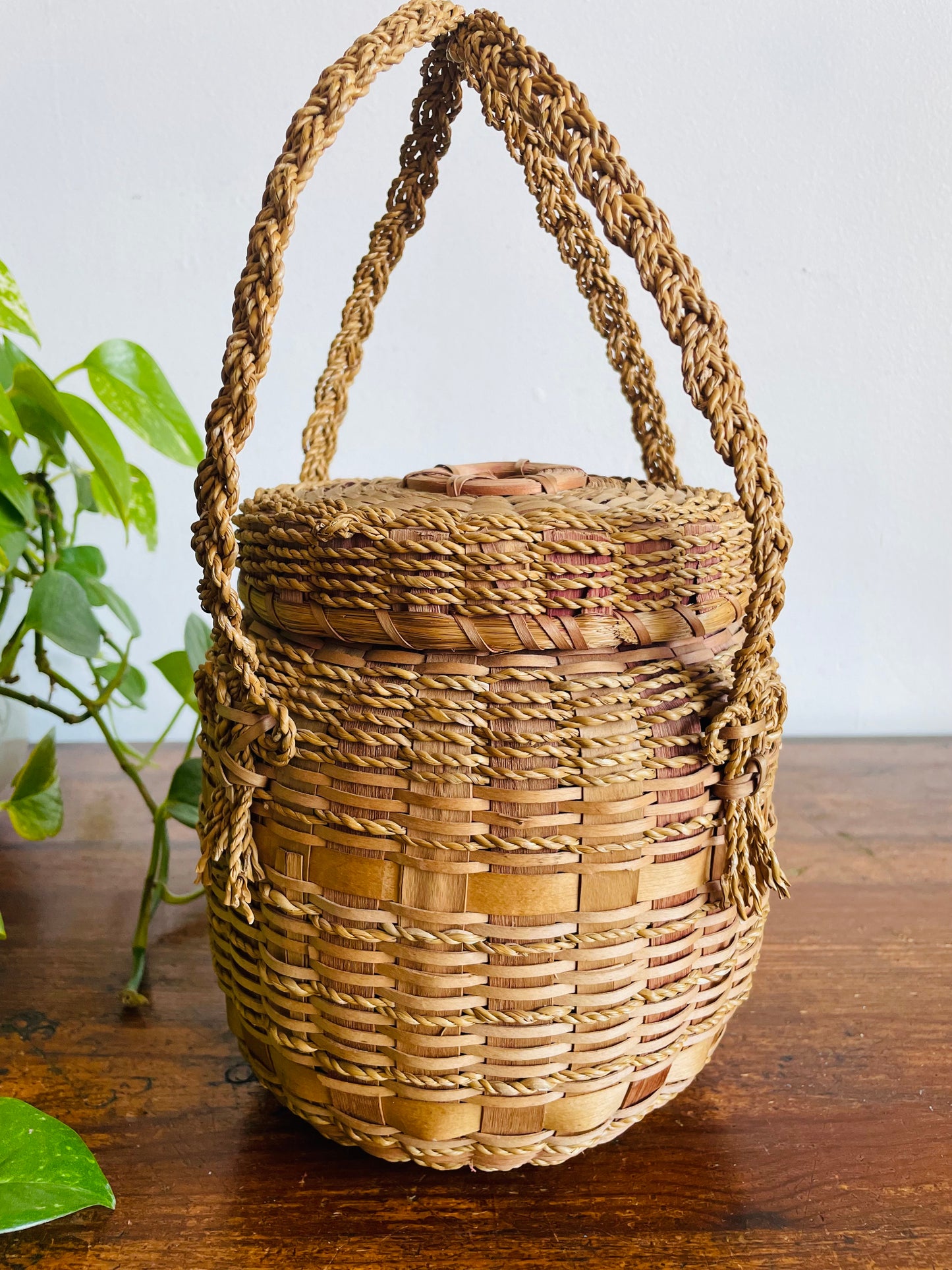 Vintage Indigenous Woven Ash Wood & Sweet Grass Yarn Holding Basket with Braided Handles & Lid - Hole in Lid to Pull Yarn Through