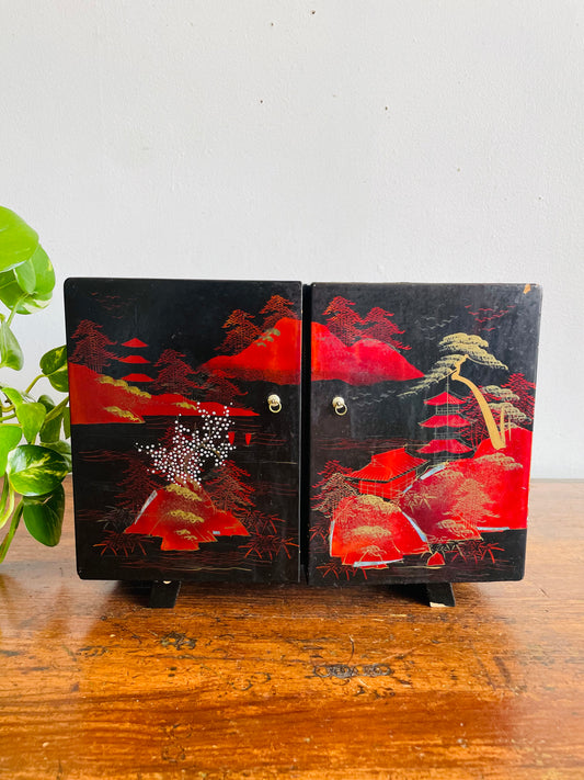Vintage Japanese Black Lacquer Wood Musical Jewellery Box Cabinet with Mirrors, Drawers & Geisha Woman - Made in Japan - Tested/Works