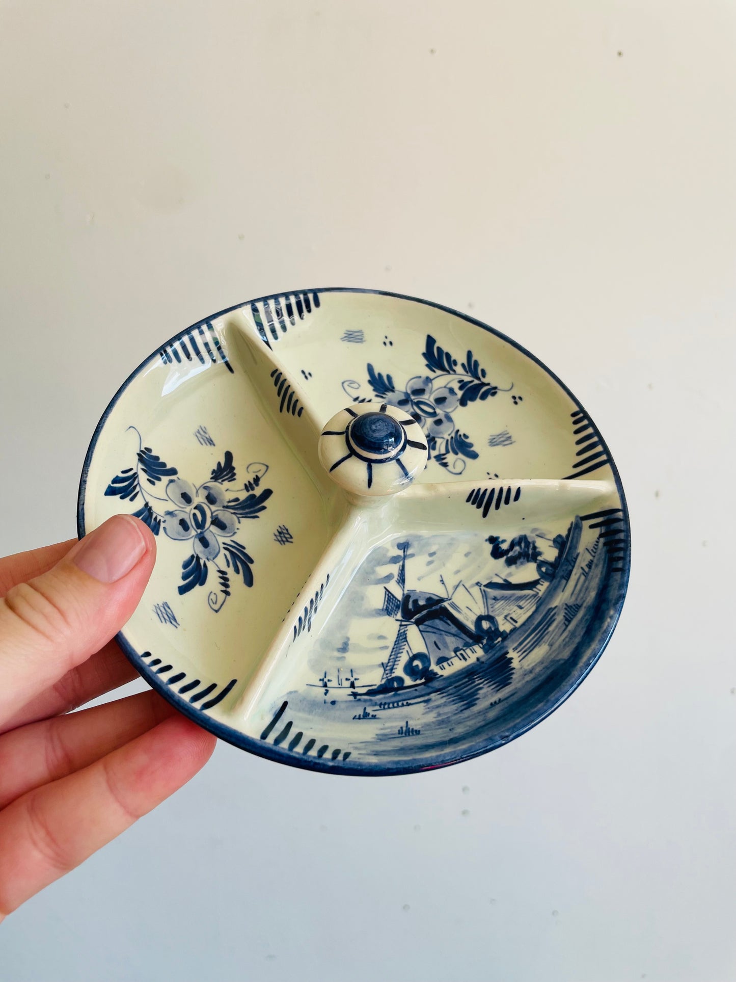 Vintage Delft Blue Hand Painted Divided Trinket Bowl Dish with Handle - Made in Holland