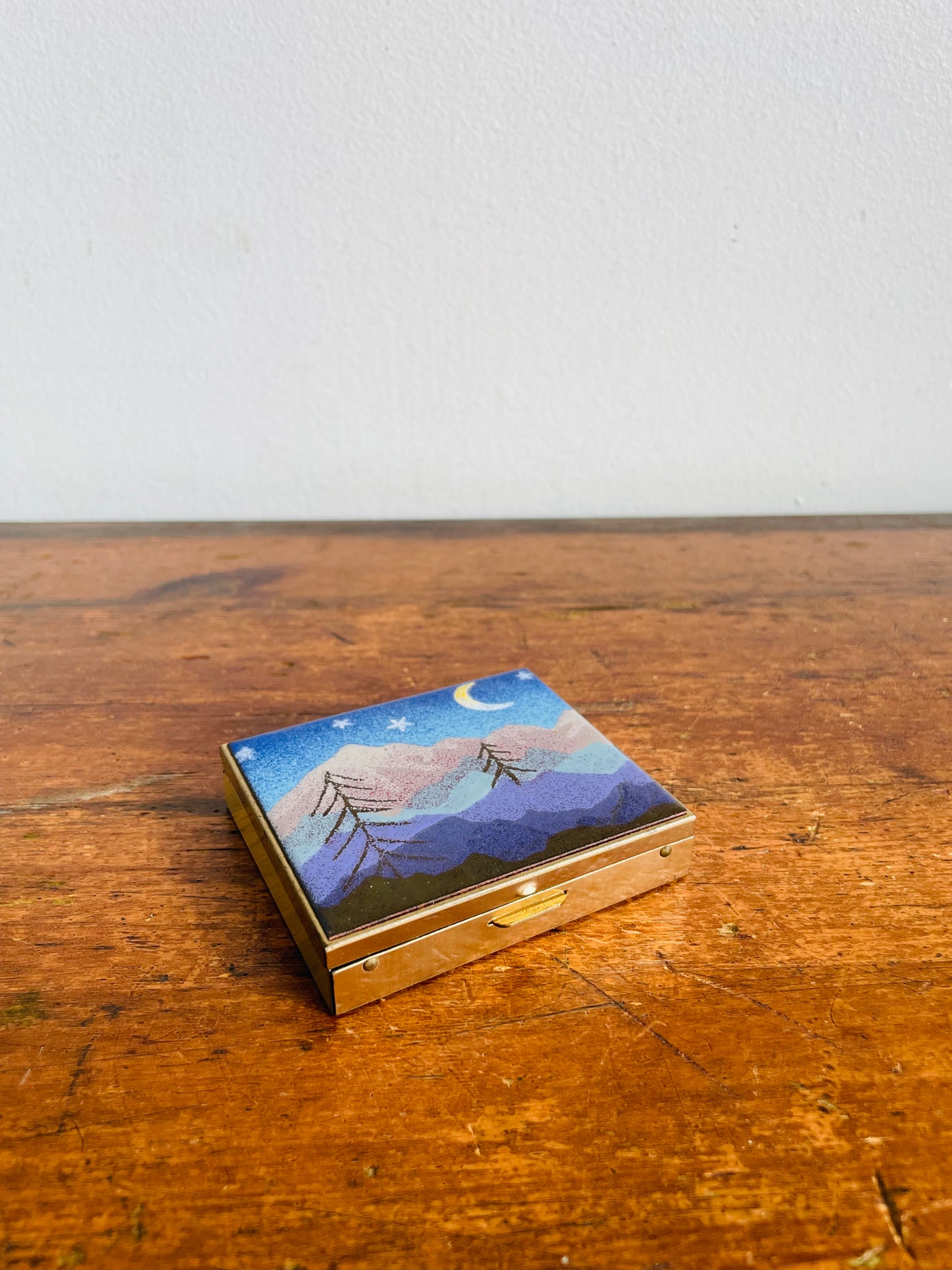 Vintage Brass & Enamel Travel Pocket Case with Divided Jewellery or Pill Organizer Compartment & Mirror - Snowy Winter Night Scene - Made in Vancouver Canada