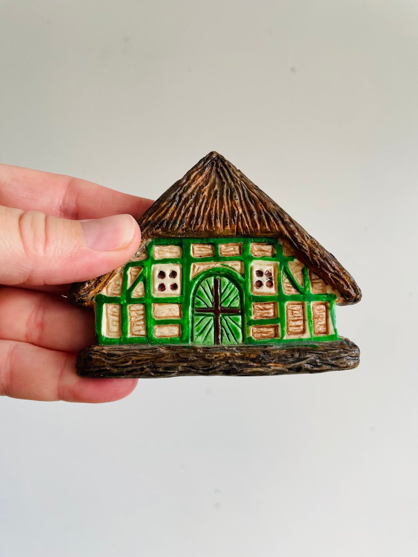 Vintage Adorable Mini Hand-Painted Plaster Thatched Roof Cottage Houses - Can Hang or Lean - Set of 2