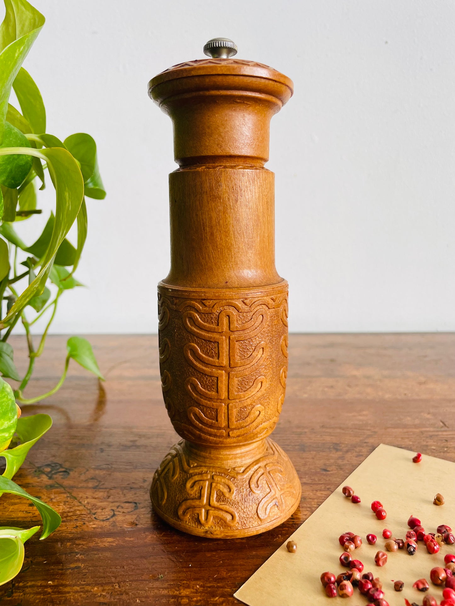 Vintage Carved Wood Pepper Mill Grinder with Interesting Design - Made in Italy