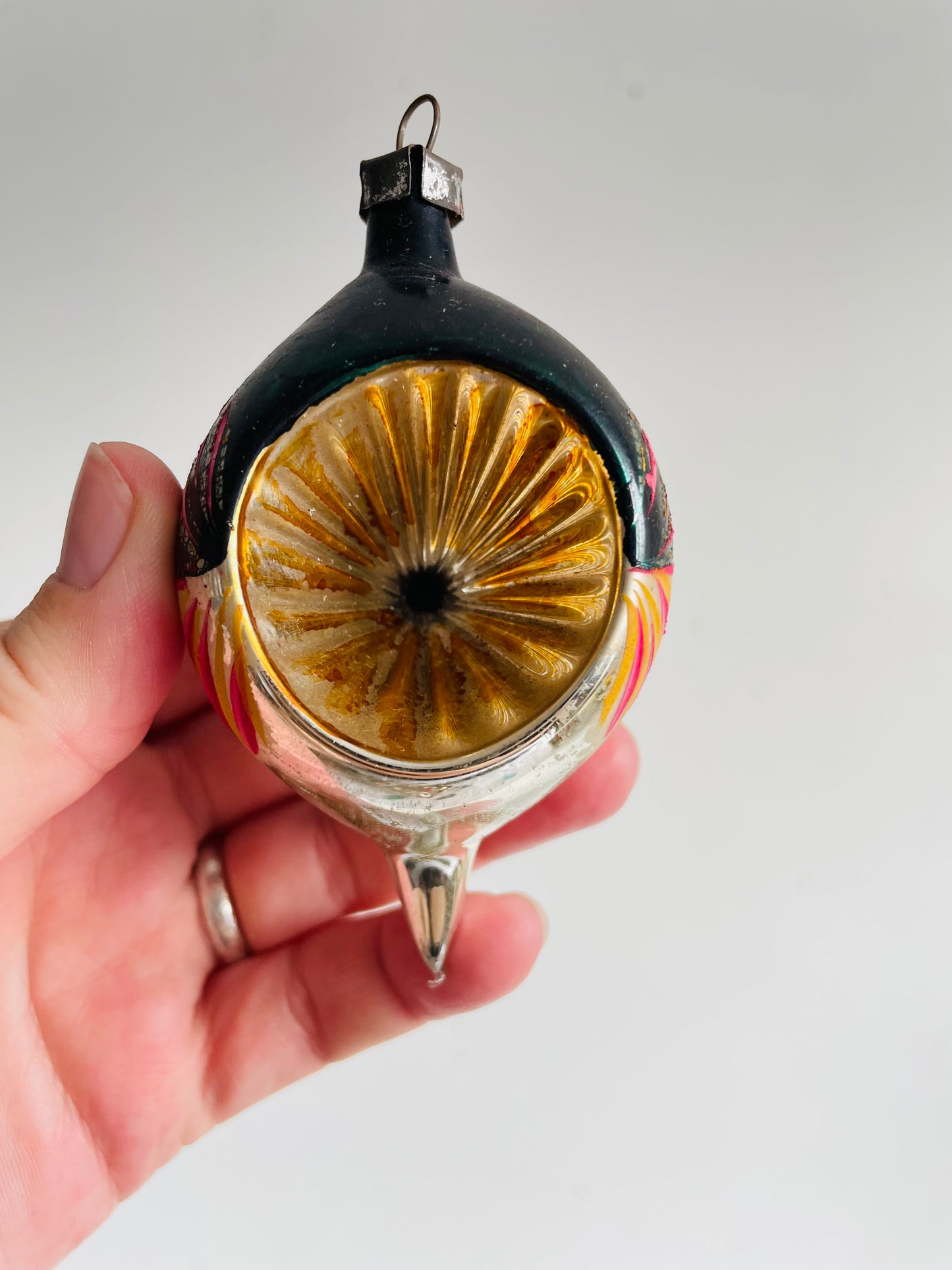 Vintage Collection of Mixed Glass & Indent Ornaments & Silver Tinsel in Divided Box #2 - Set of 10