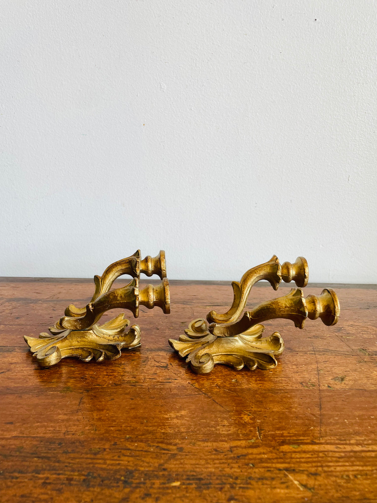 Vintage Italian Double Skinny Taper Candle Holder Wall Hanging Sconces - Gold Rococo Louis XV Style - Set of 2 - Made in Italy