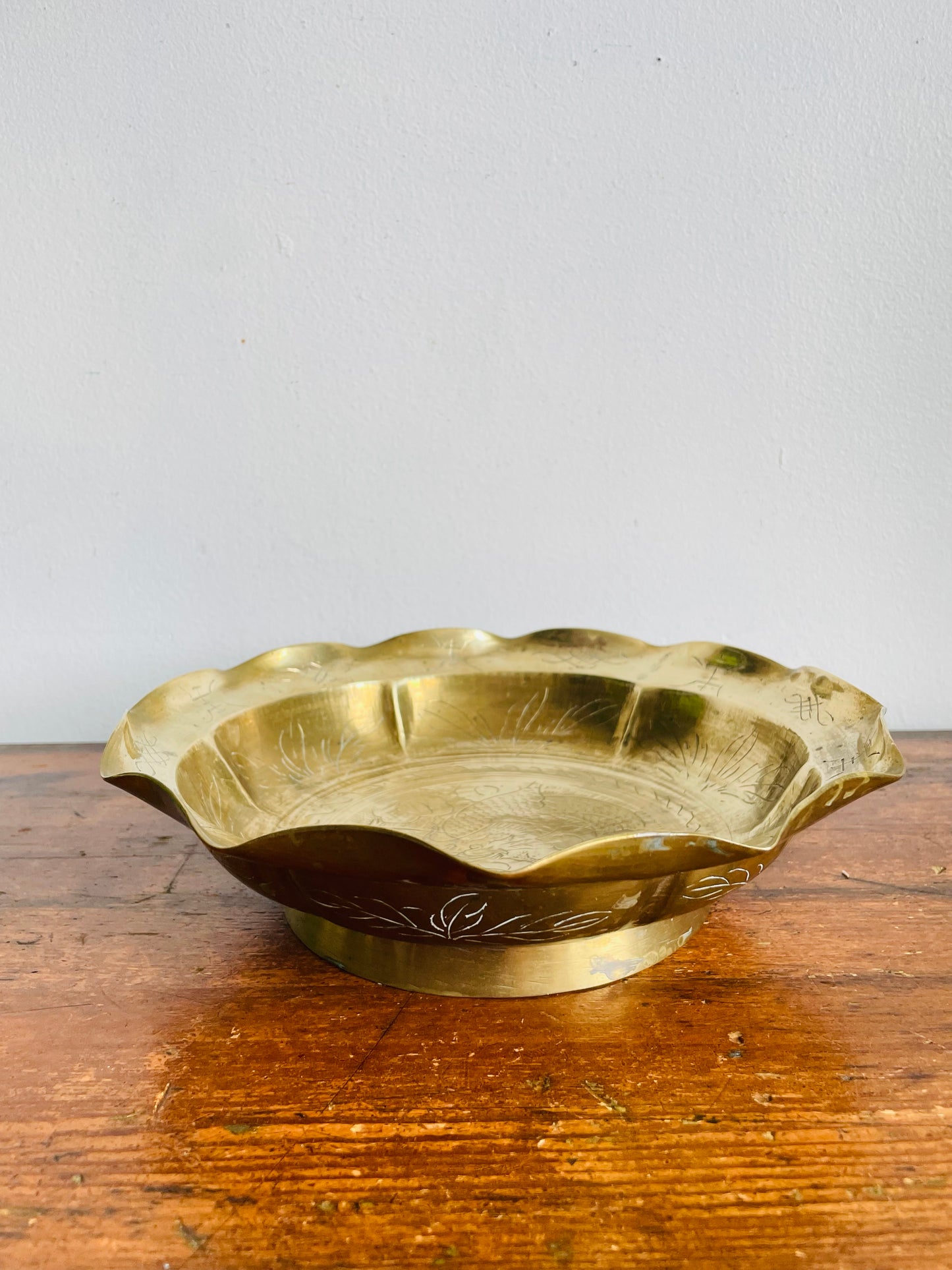 Vintage Solid Chinese Brass Footed Bowl with Etched Dragon Design