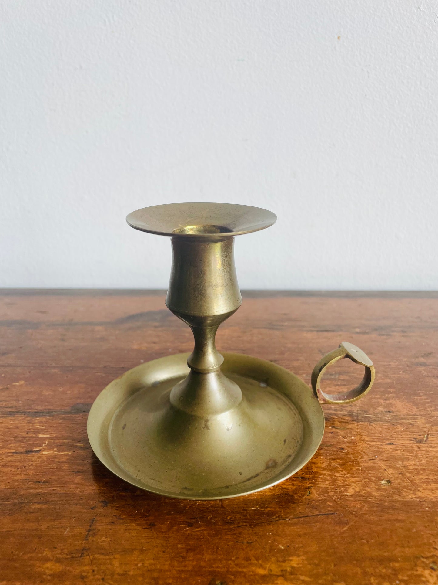 Vintage Brass Chamberstick Candle Holder with Muted Patina