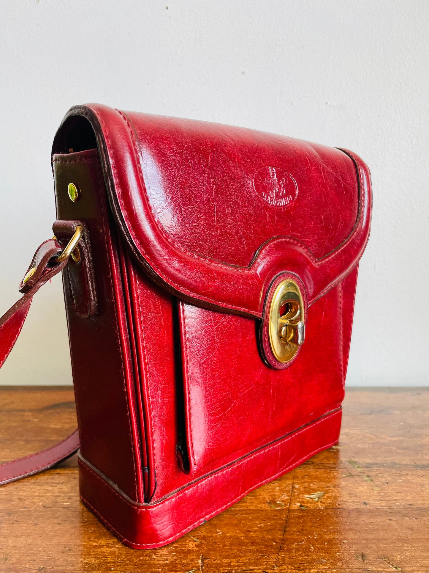 Vintage Marchino Burgundy Colour Crossbody Strap Purse with Brass Gold Hardware