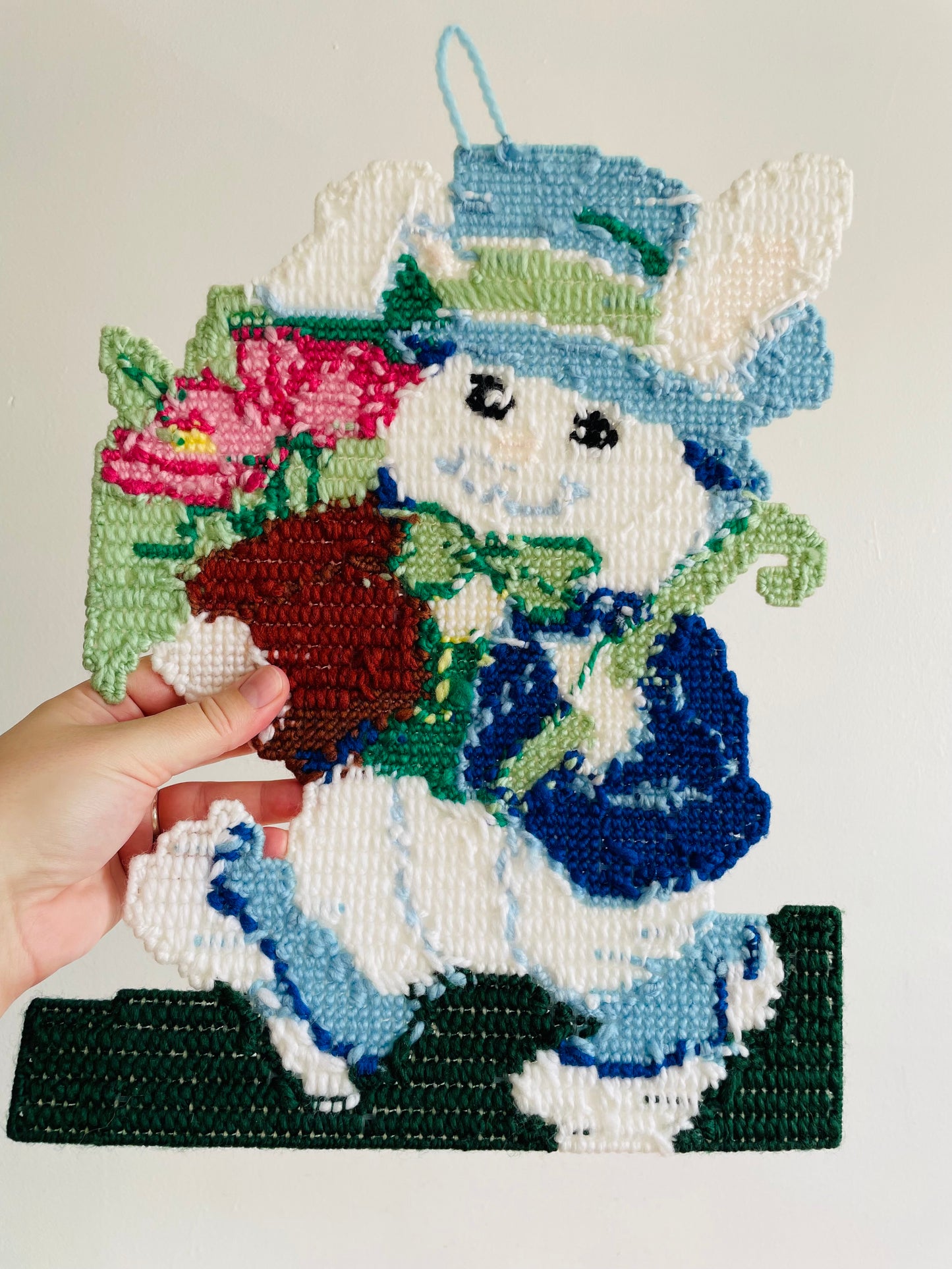 Easter Holiday Plastic Canvas Art Hanging Decoration - Easter Bunny with Basket of Flowers