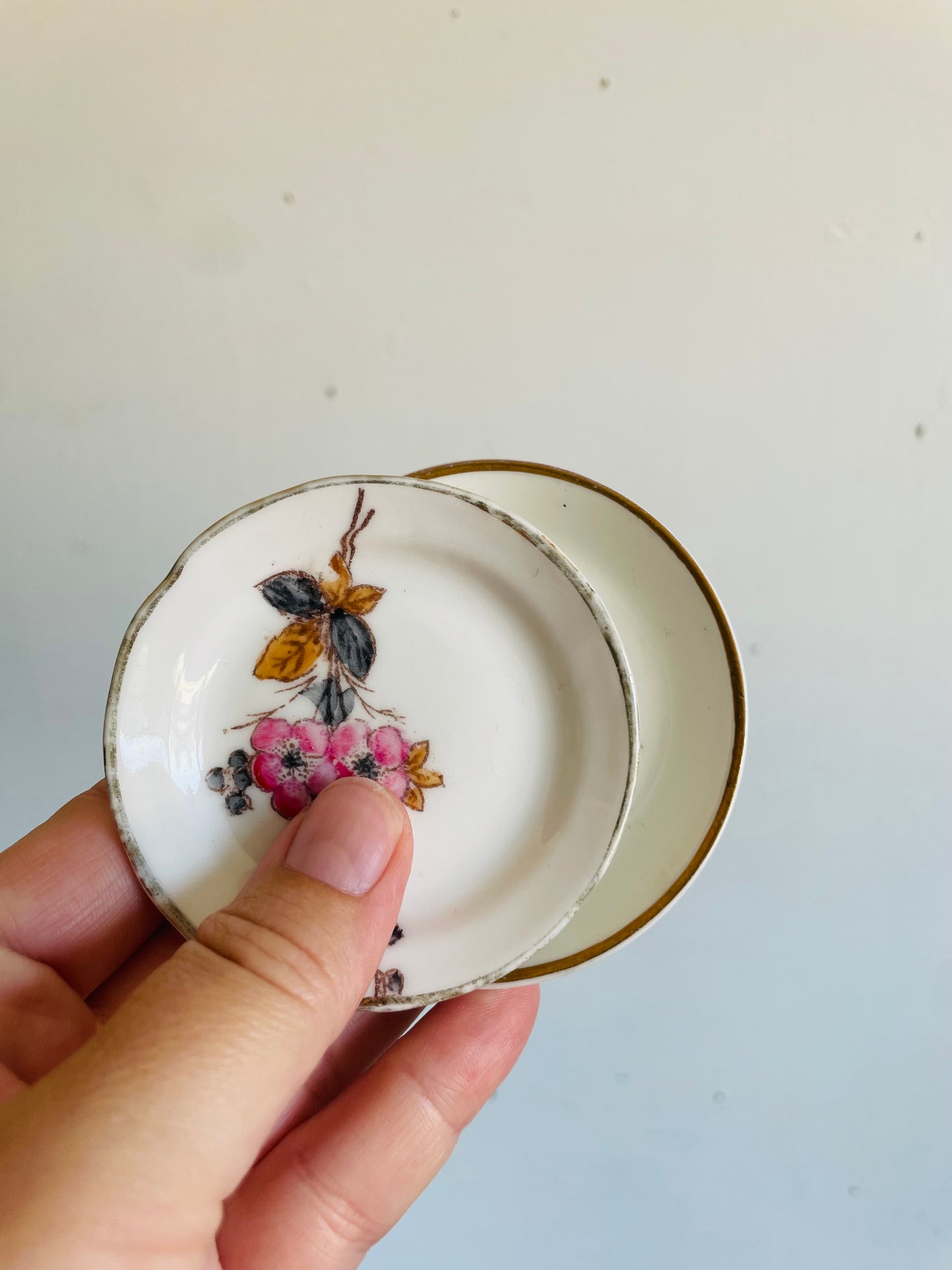 Vintage Miniature White Butter Pat Dishes with Floral Designs - Set of 2