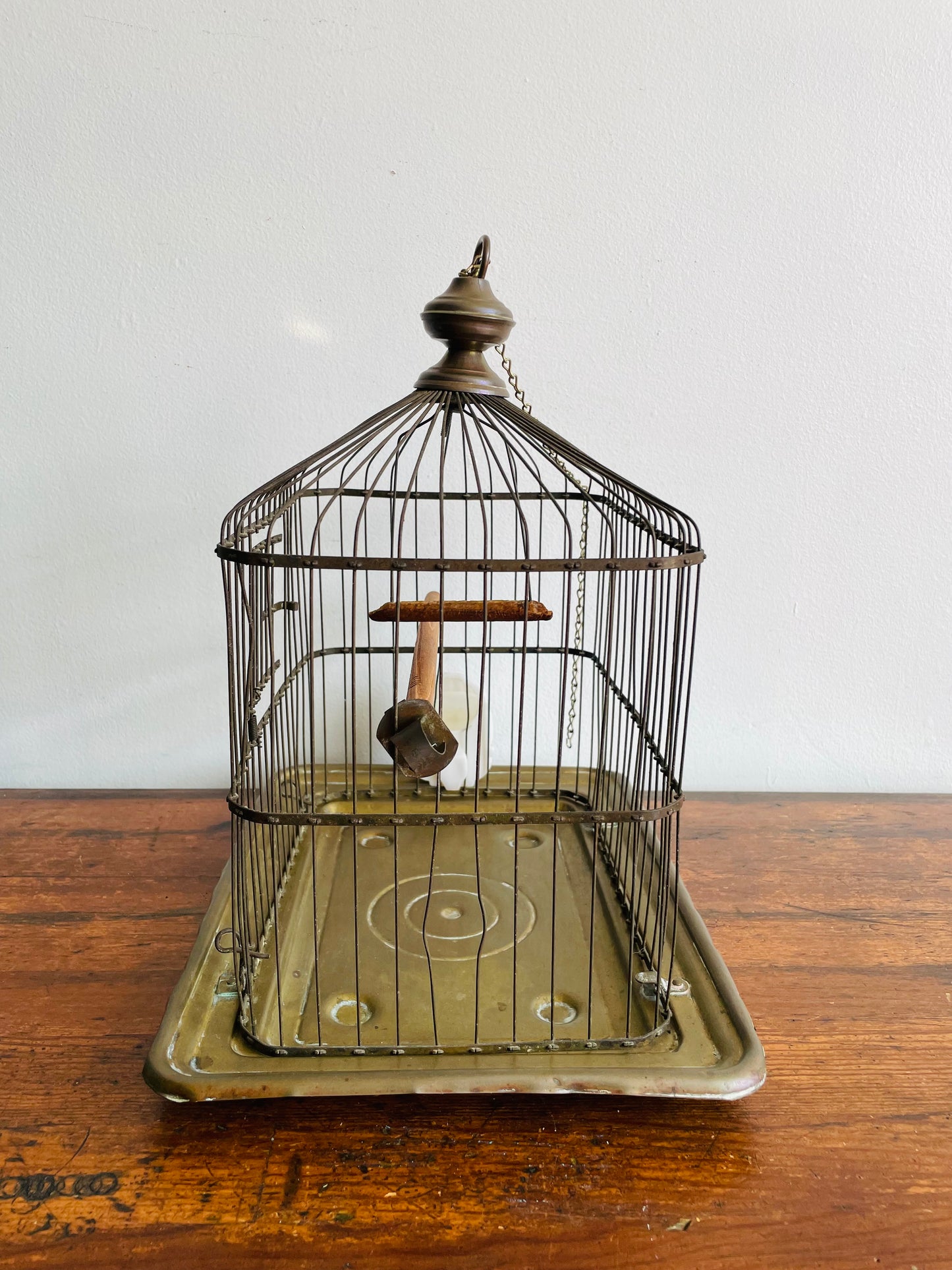 Antique Hendryx Brass & Metal Wire Bird Cage with Wood Perches & Milk Glass Food Dish - Art Deco Decor