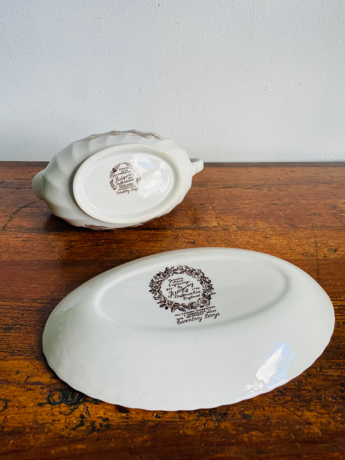 Vintage Ridgway Staffordshire England "Country Days" Brown Transferware Pattern Gravy Sauce Boat & Plate