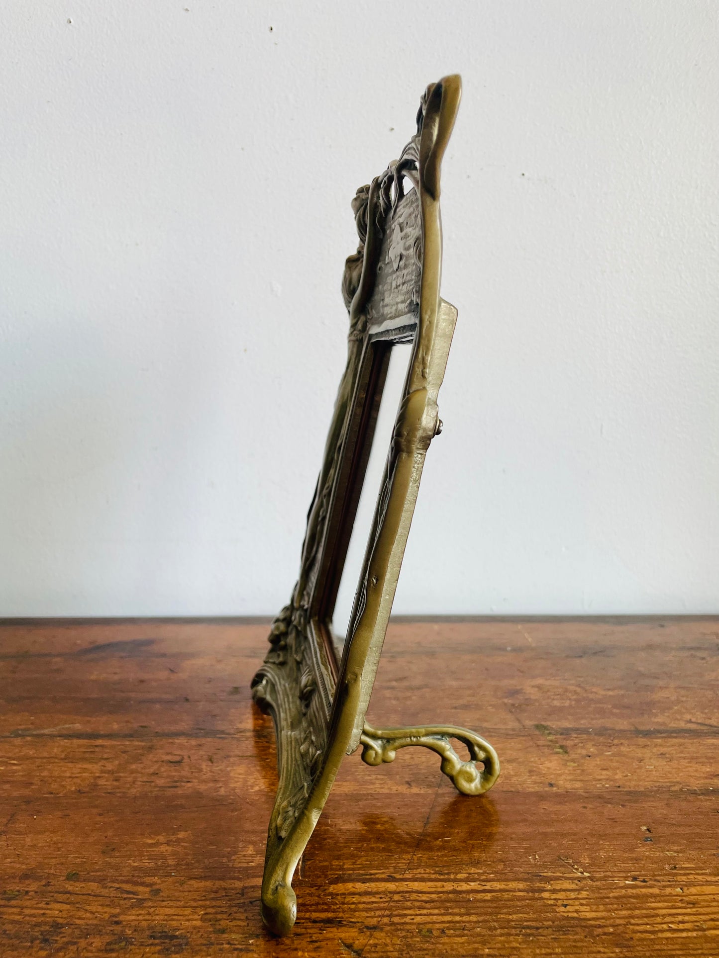 Vintage Heavy Brass Art Nouveau Easel Back Mirror with Fairy Nymph Maiden Under Sun with Flowers - Could Use as a Picture Frame as Well!