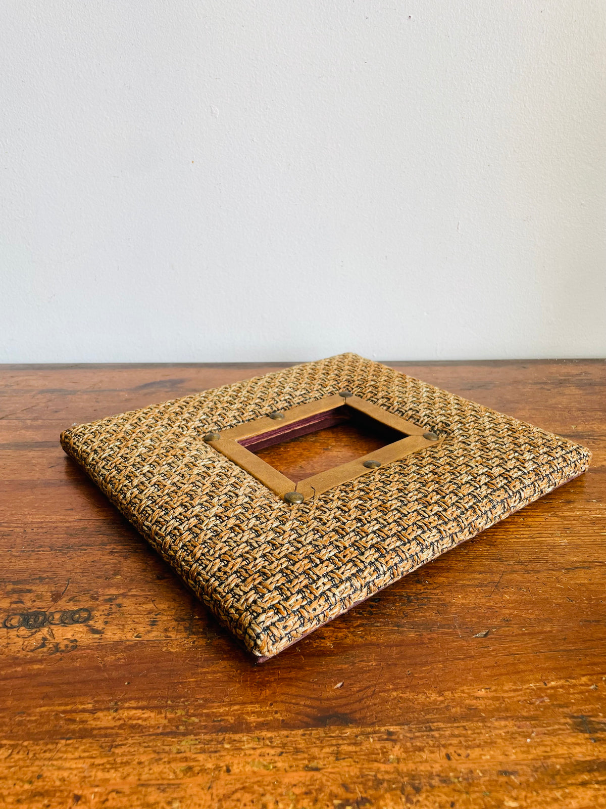 Vintage Unique Hanging Picture Frame with Earthy Brown Tones - Woven Textured Fabric, Leather & Brass Rivets with Aged Patina - 2.75" x 4" Photo Size