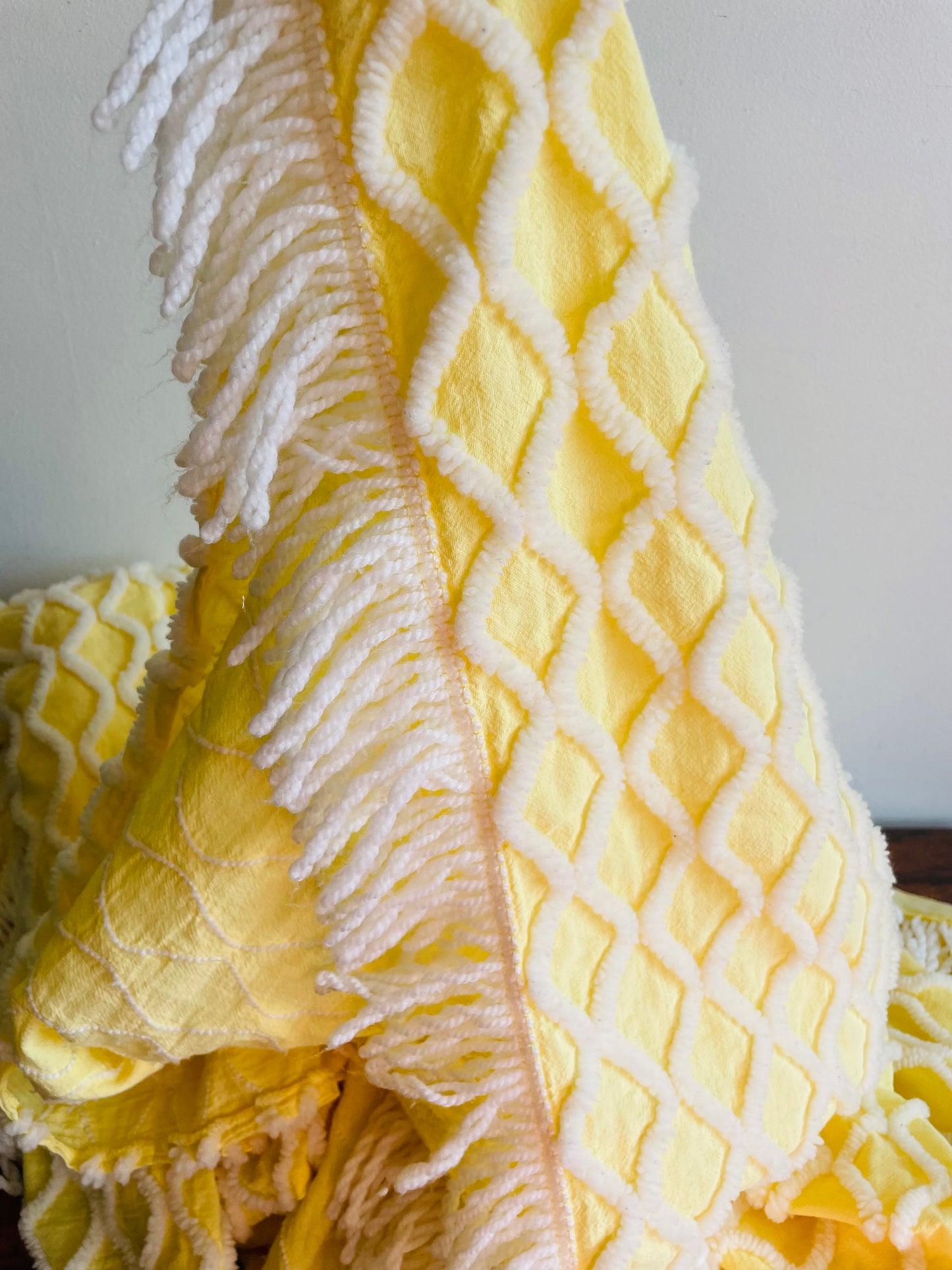 Yellow & White Chenille Bedspread Blanket with Fringe - Made in Canada