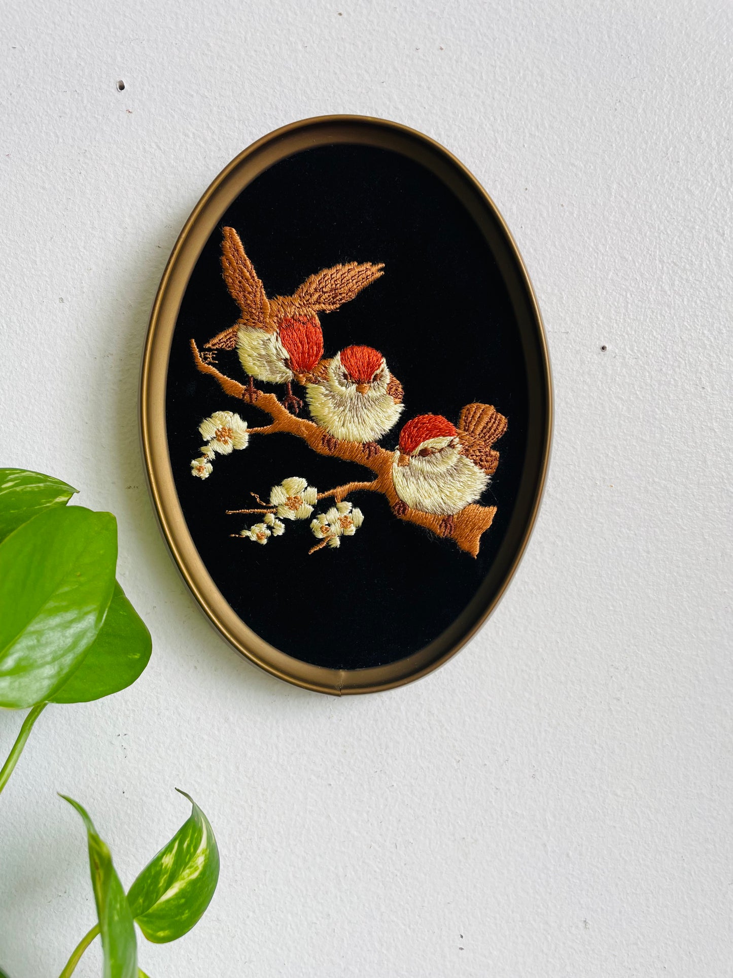 Vintage Ecstasy Giftware Oval Embroidery on Black Velvet Picture of Chickadee Birds in Spring with Flower Blossoms
