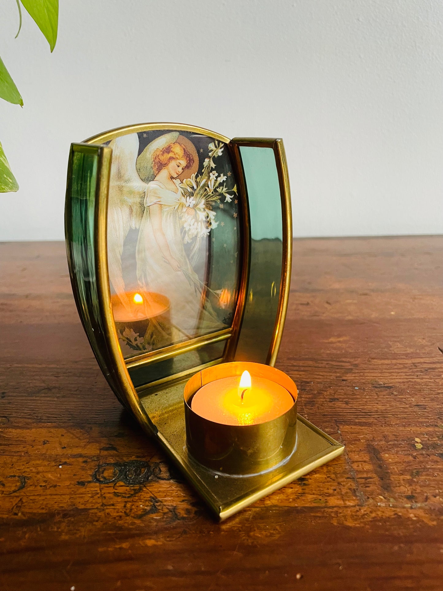 Enesco Brass & Stained Glass Tealight Candle Holder with Angel Holding Lily Flowers - Made in Mexico