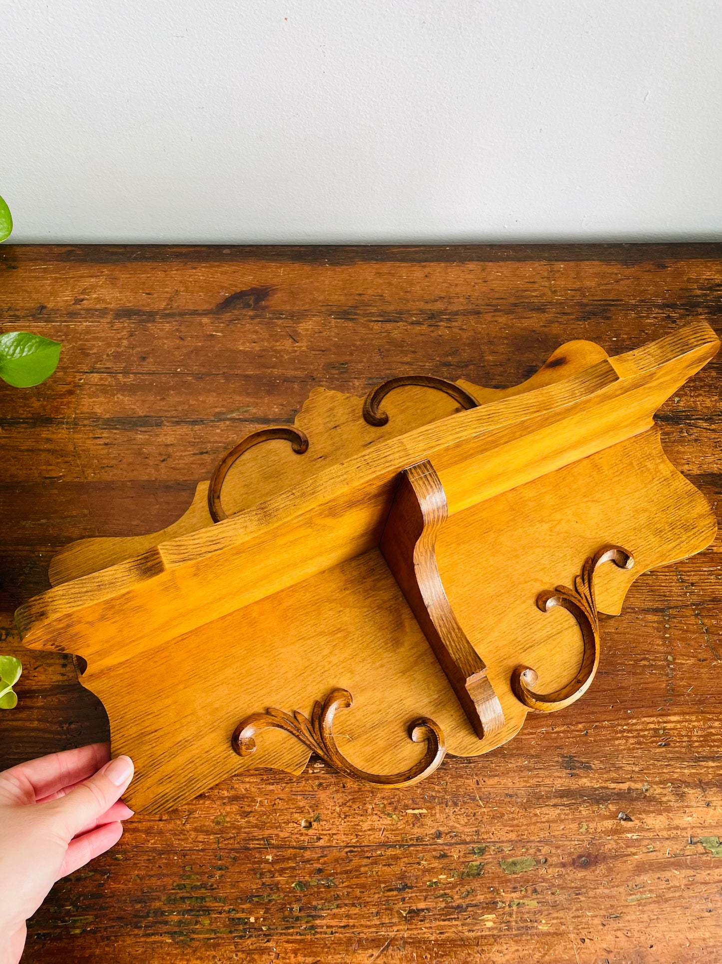 Vintage Solid Oak Wood Wall Hanging Shelf with Raised Scroll Design