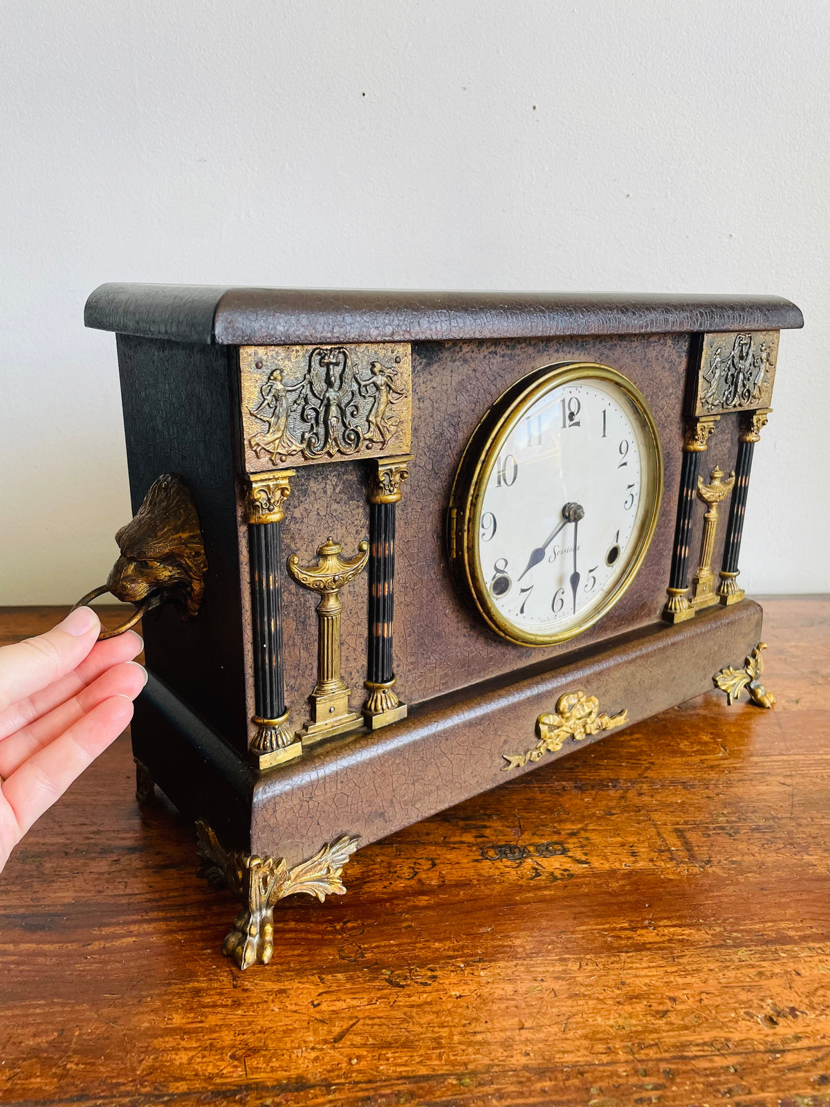 Antique Sessions Clock Company Mechanical Mantle Clock with Ornate Brass Details, Claw Feet & Lion Head Handles - Regent Eight Day Half-Hour Strike Model - Untested