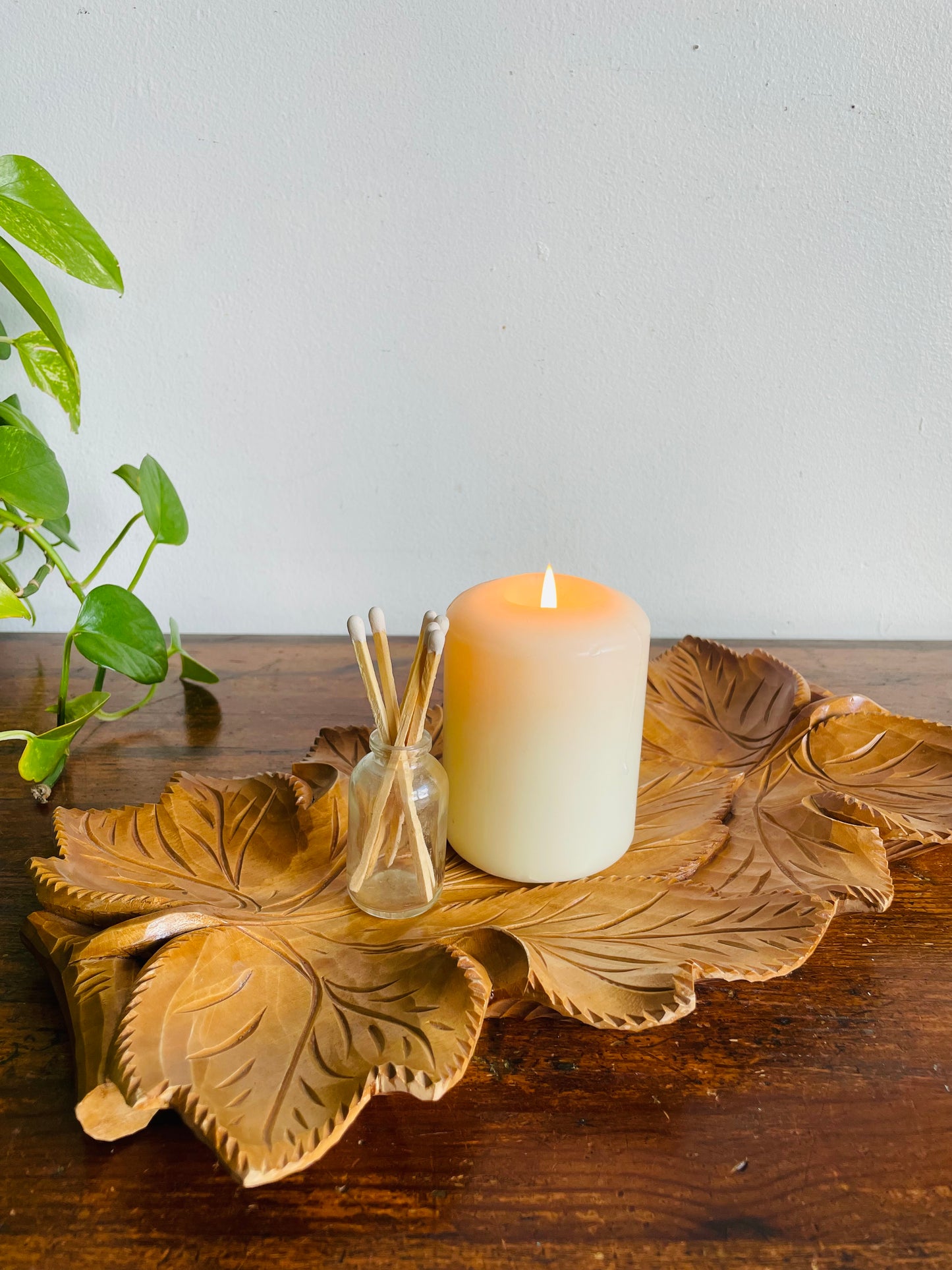 Vintage Gorgeous Carved Wood Tray with Leaf Design & Handles - Can Hang or Lay Flat