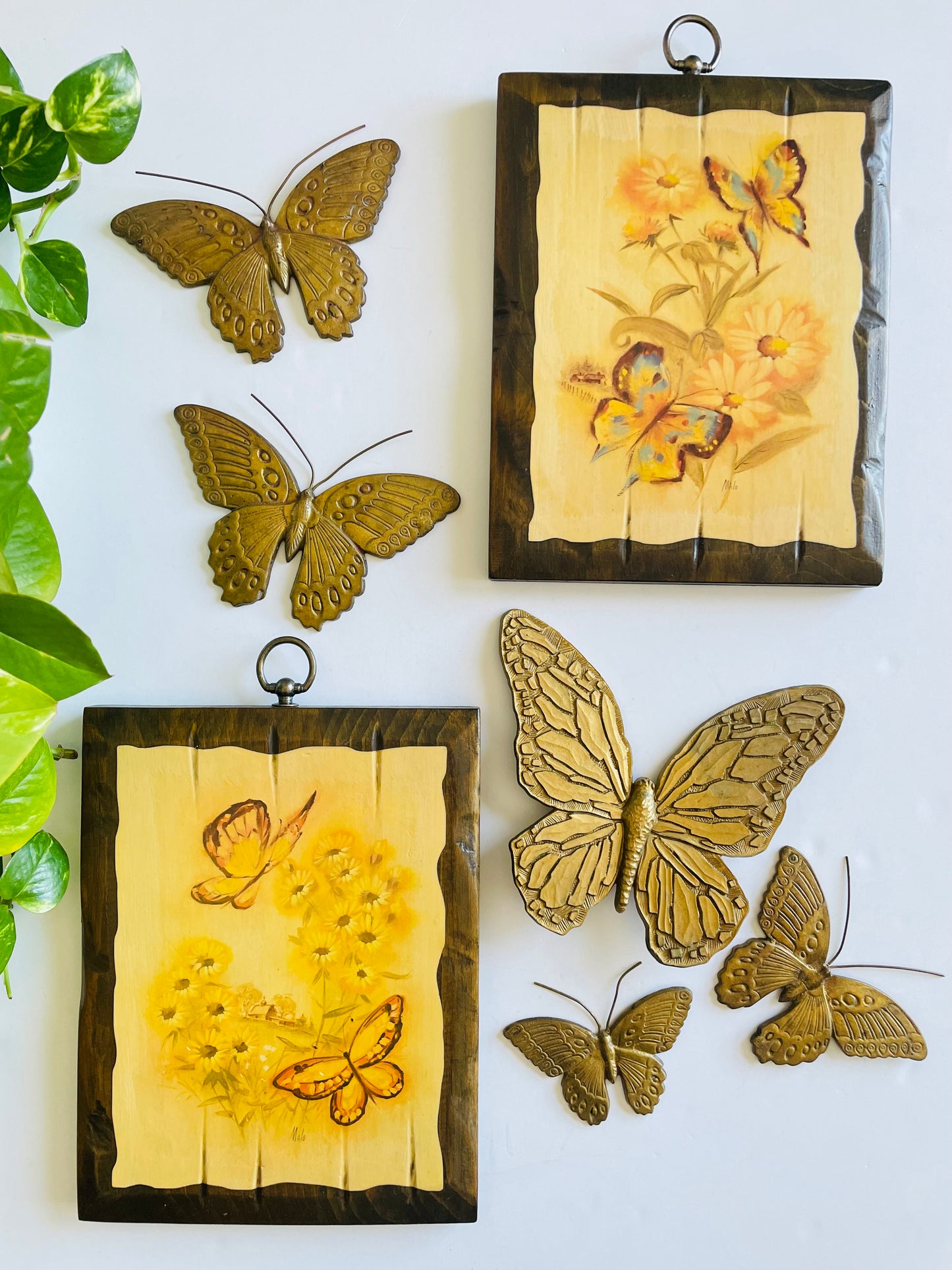 Vintage Wood Plaque Picture with Blue & Yellow Butterflies & Flowers